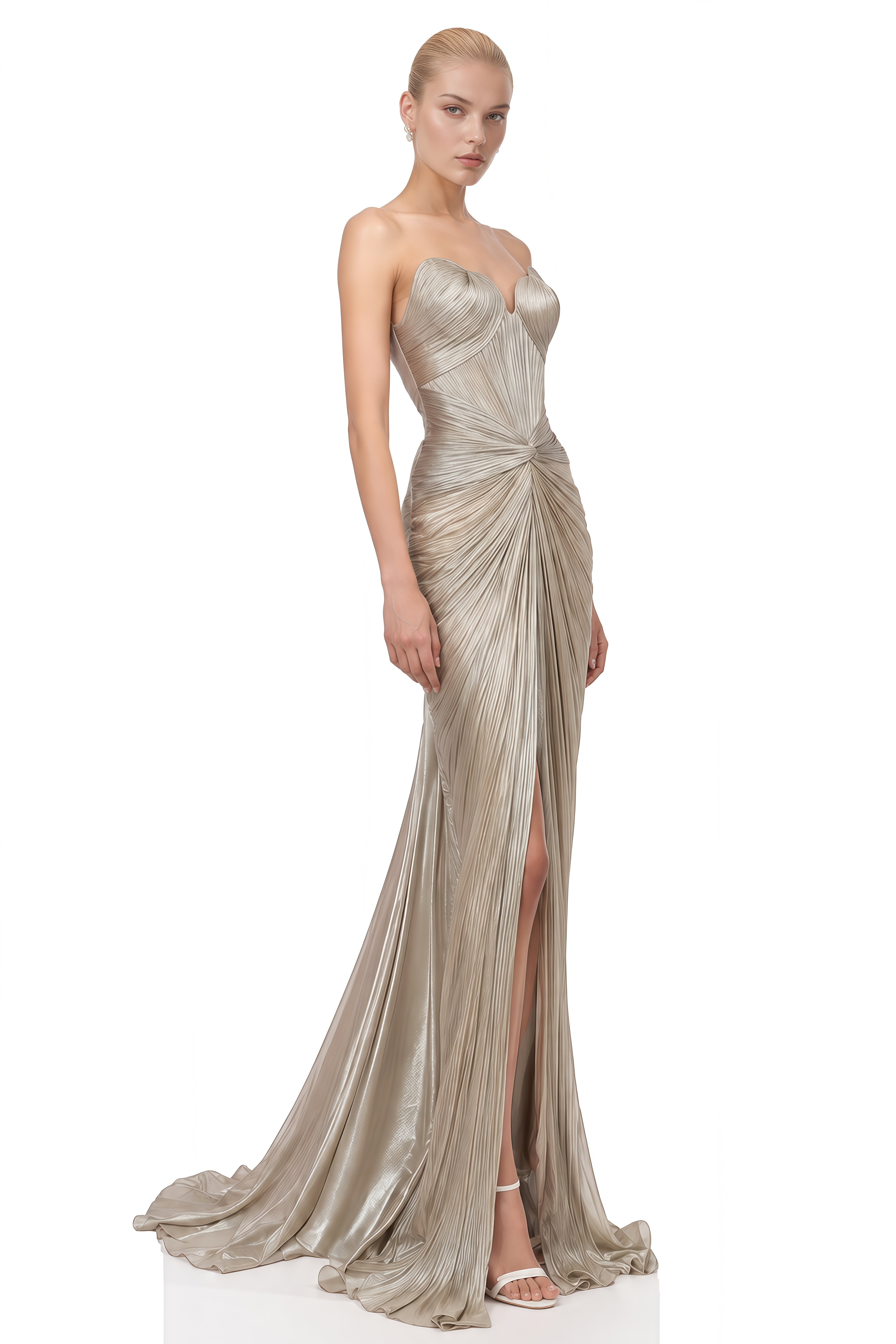 Beatrix Champagne Silver Strapless Slit Maxi Dress