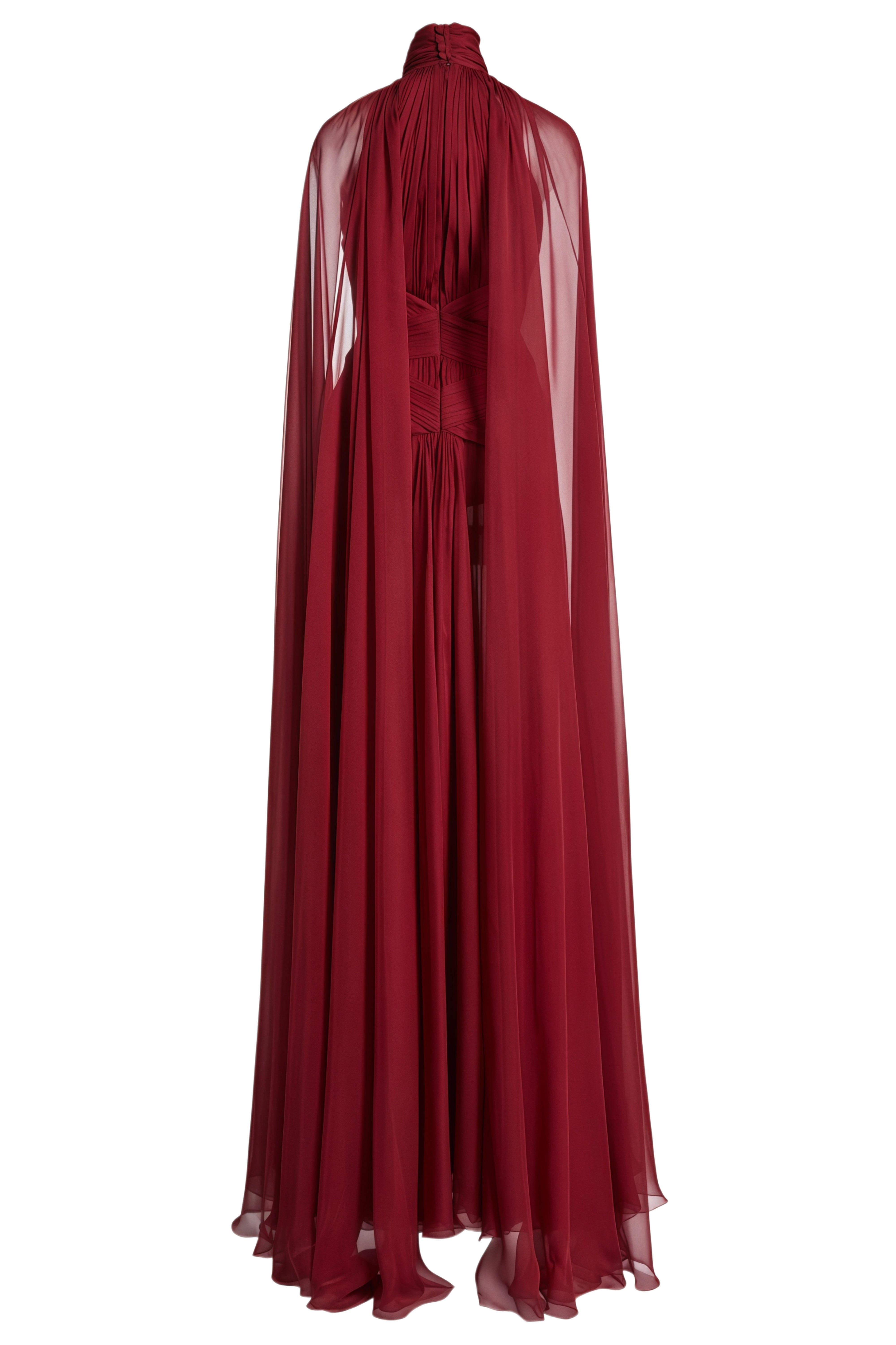 Liora Red Cape Design Ruched Maxi Dress