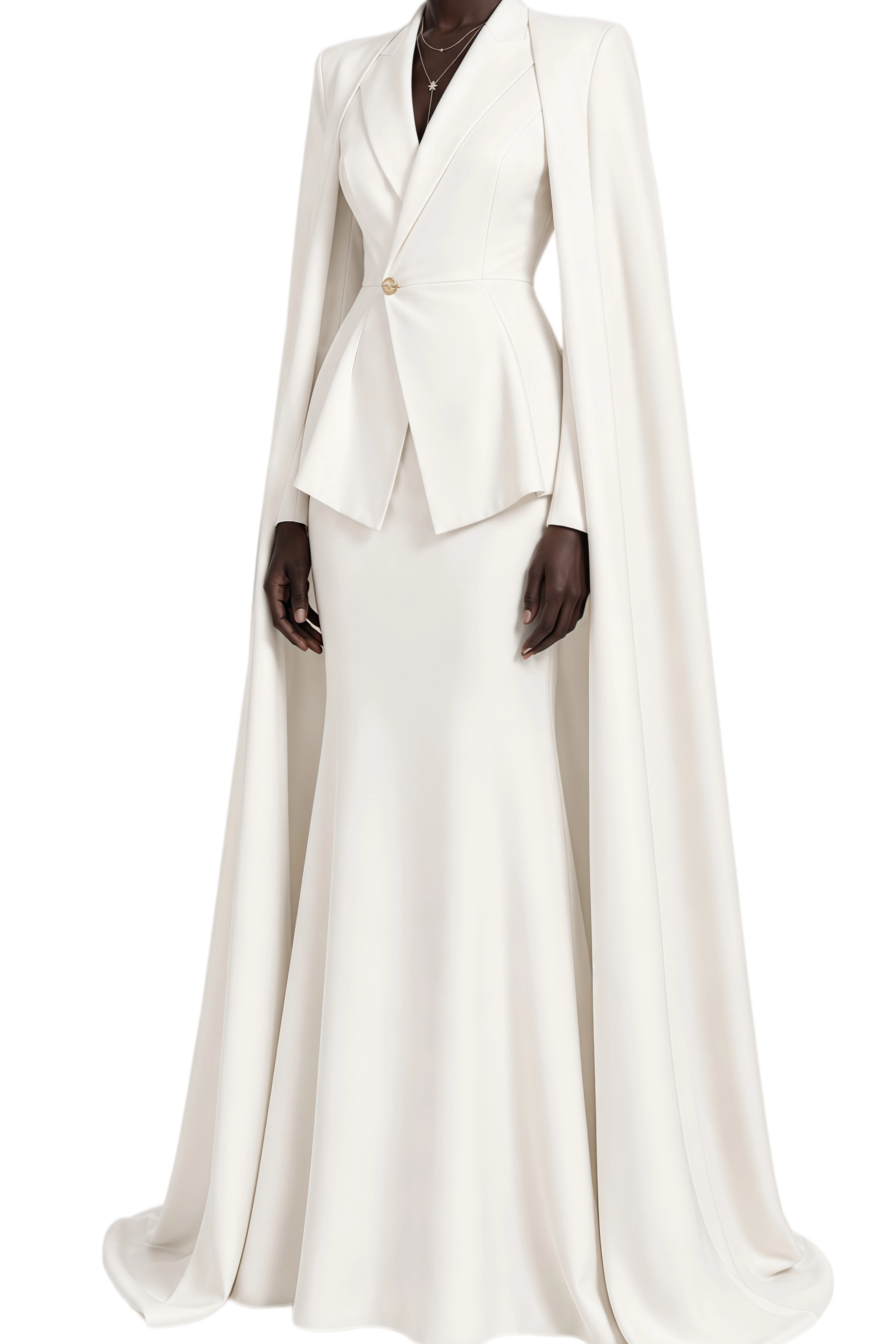 Odette White Draped Cape Design Blazer & Skirt Set