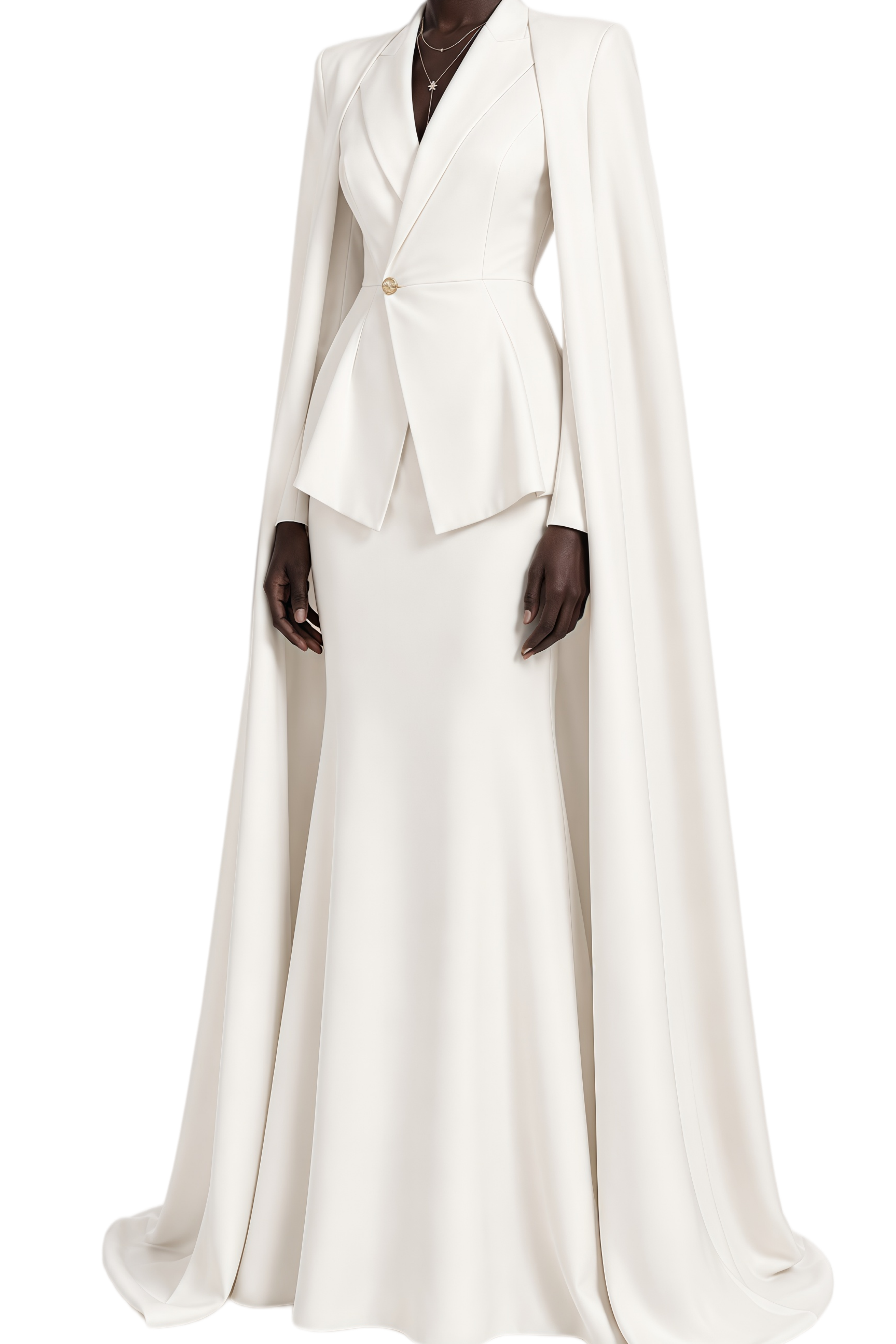 Odette White Draped Cape Design Blazer & Skirt Set