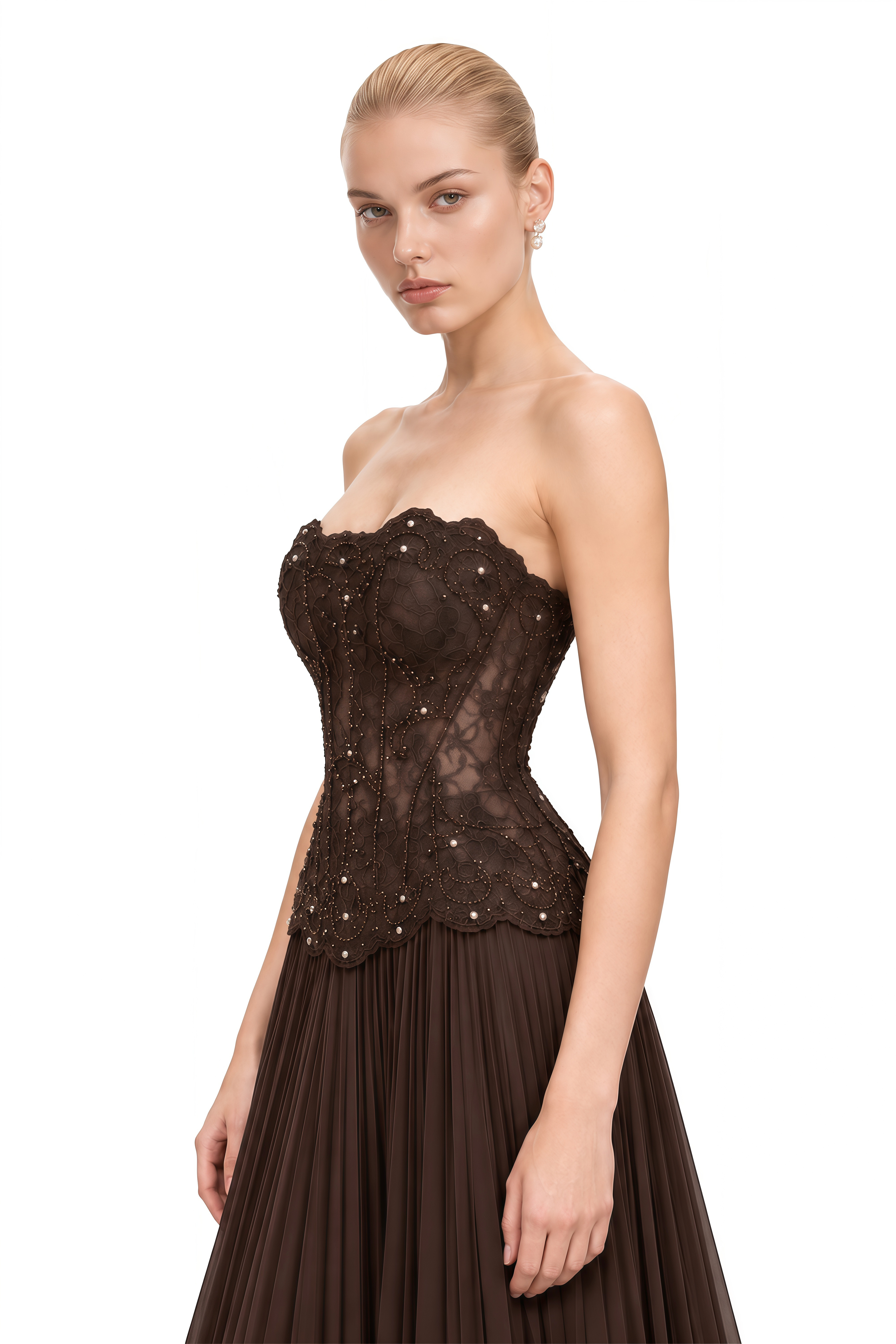 Eloise Chocolate Brown Strapless Embellished Maxi Dress