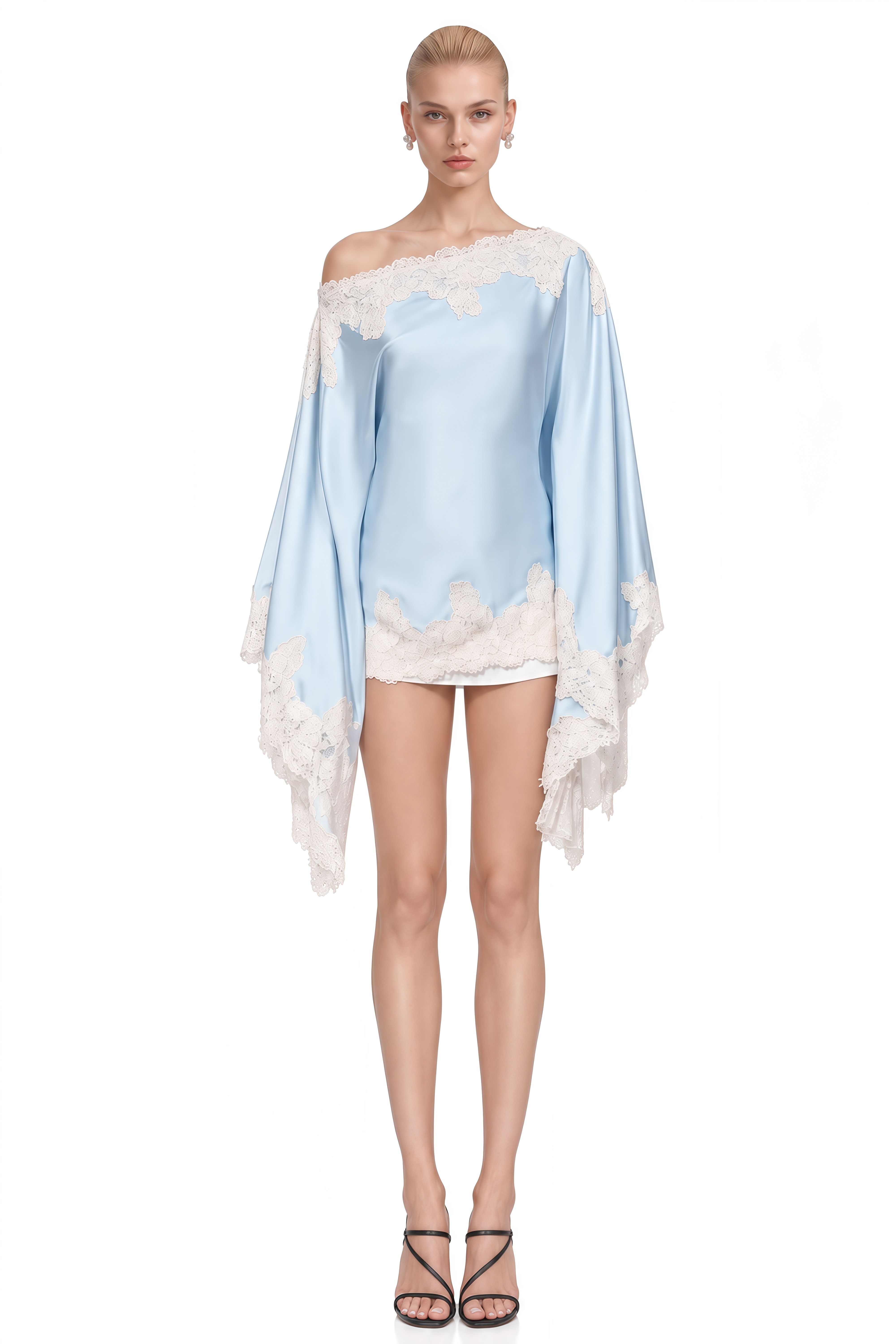 Amelie Light Blue Asymmetrical Lace-Trim Top & Skirt Set