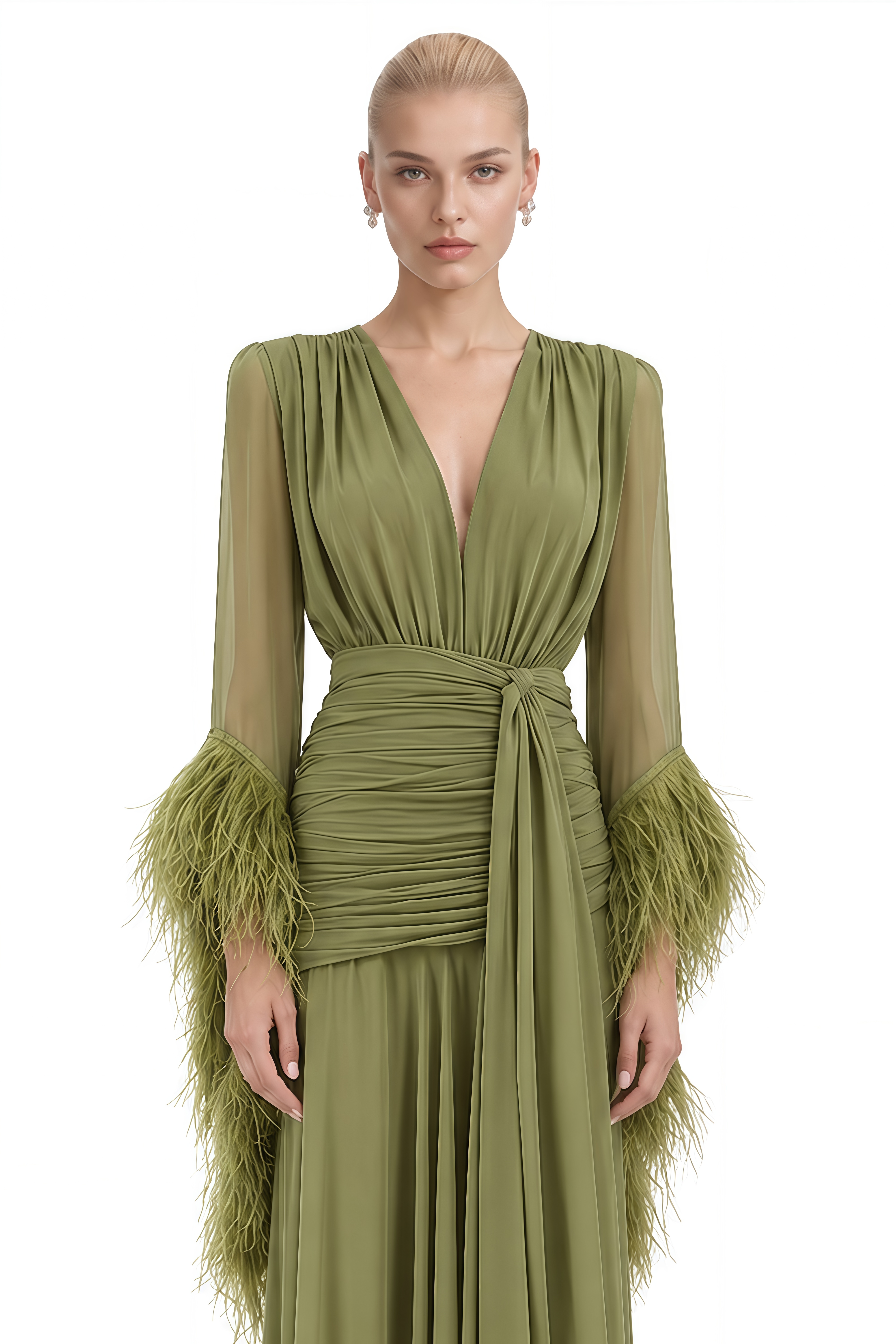 Cecilia Olive Green V-Neck Feather-Trim Maxi Dress