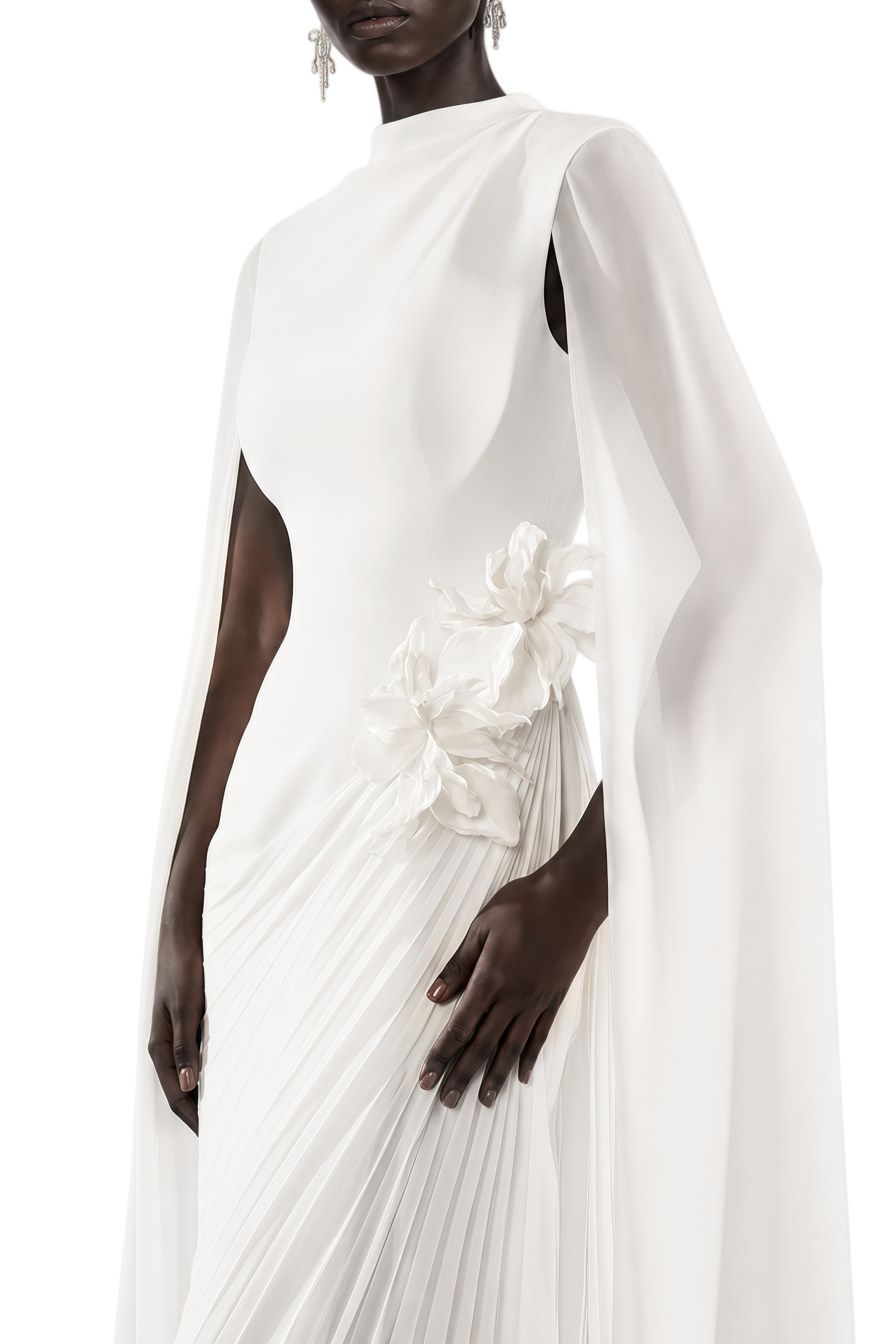 Odette White 3D Floral Appliqué Cape Design Maxi Dress
