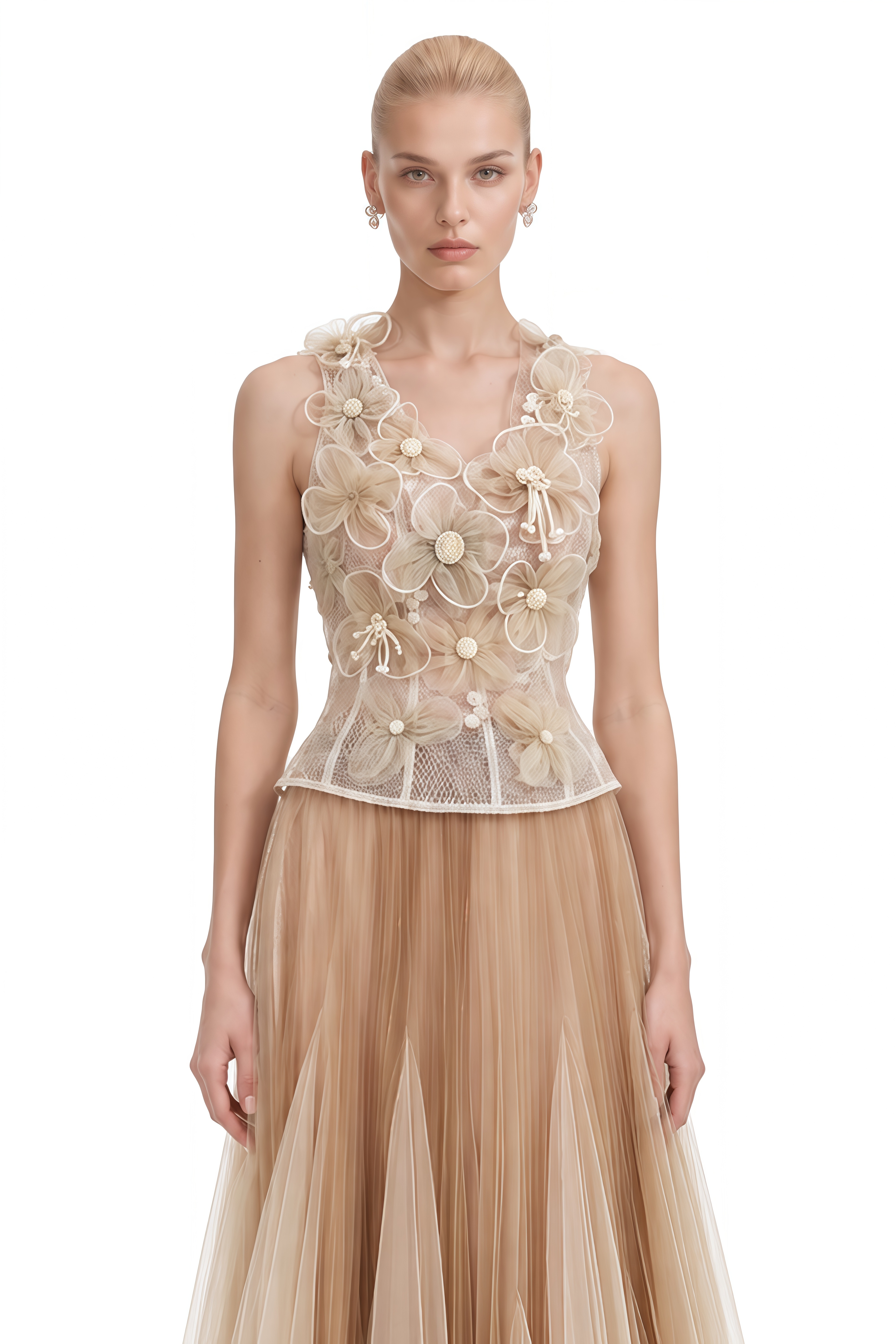 Alice Beige 3D Floral Pleated Top & Skirt Set
