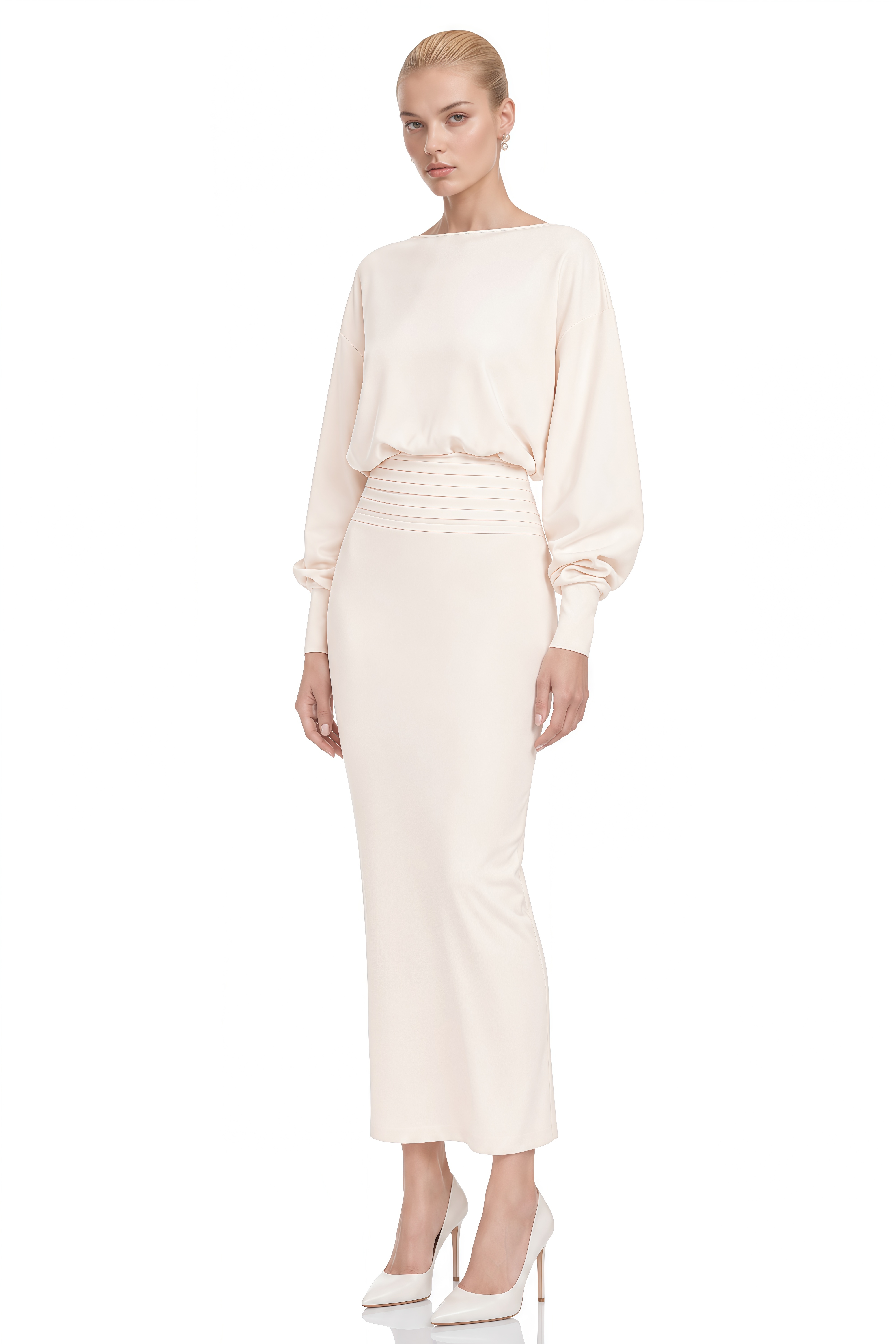 Aria White Long Sleeves Knitted Midi Dress