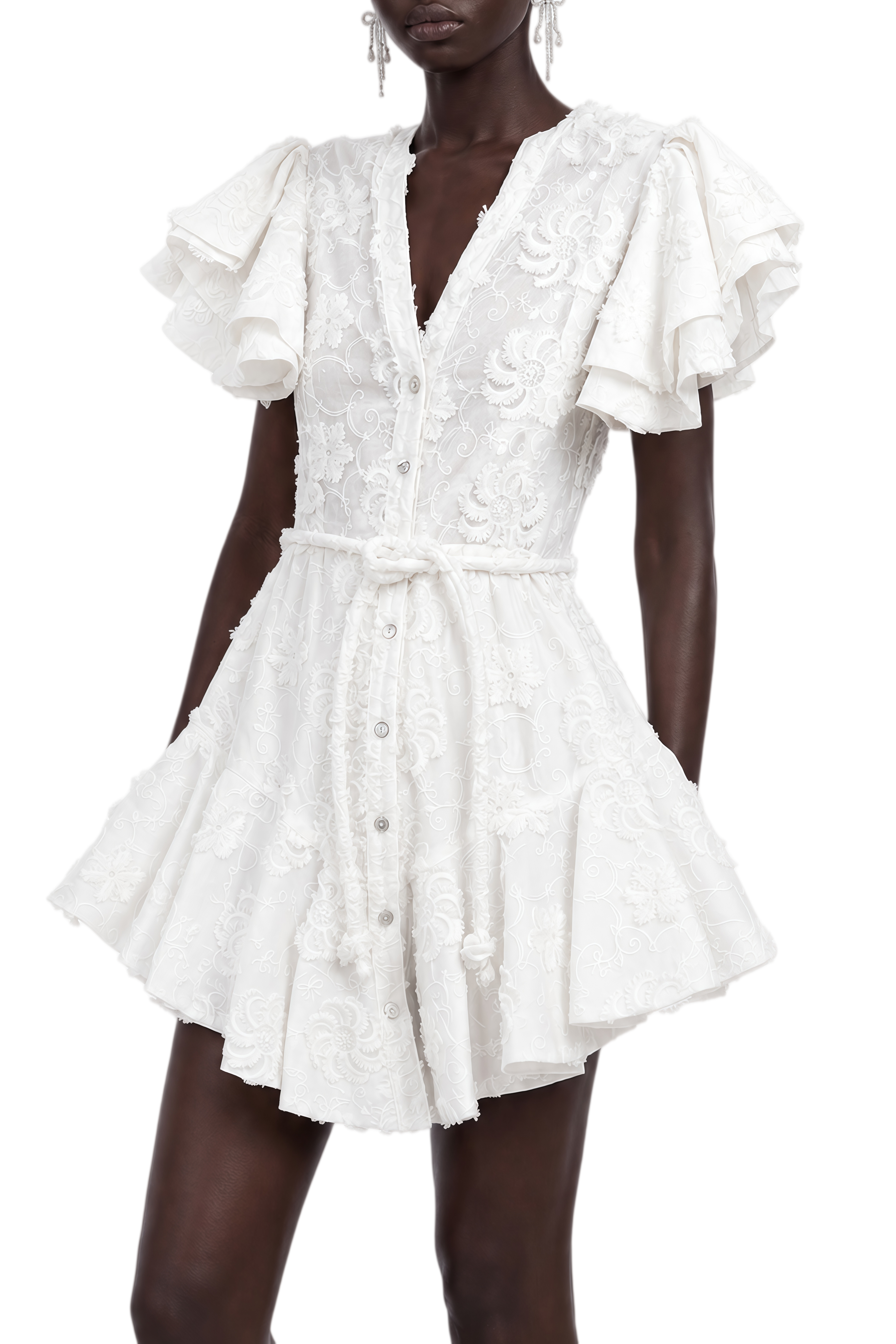 Vienne White V-Neck Ruffled Mini Dress