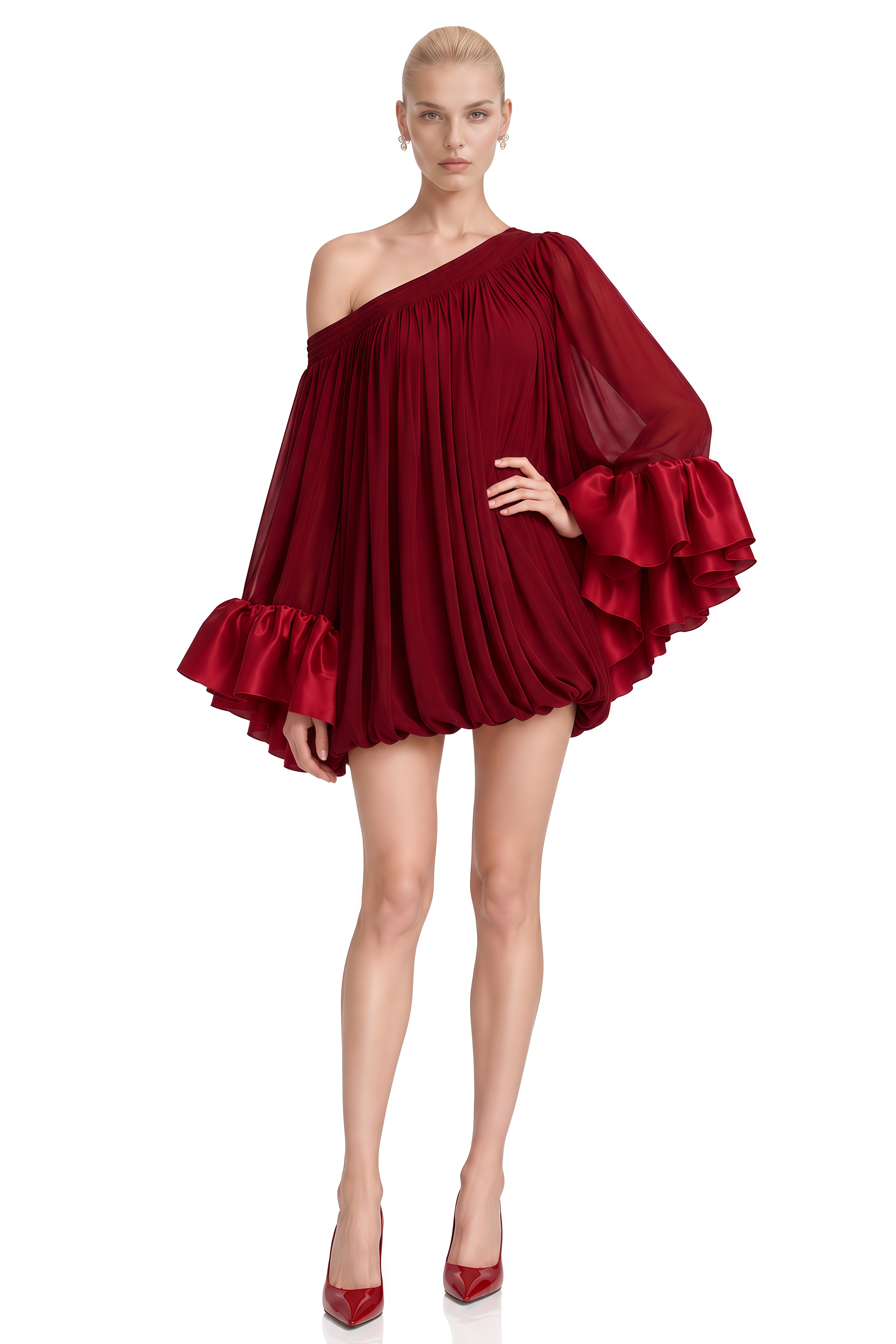 ‌Celeste Burgundy Long Sleeves Bubble-Hem Mini Dress