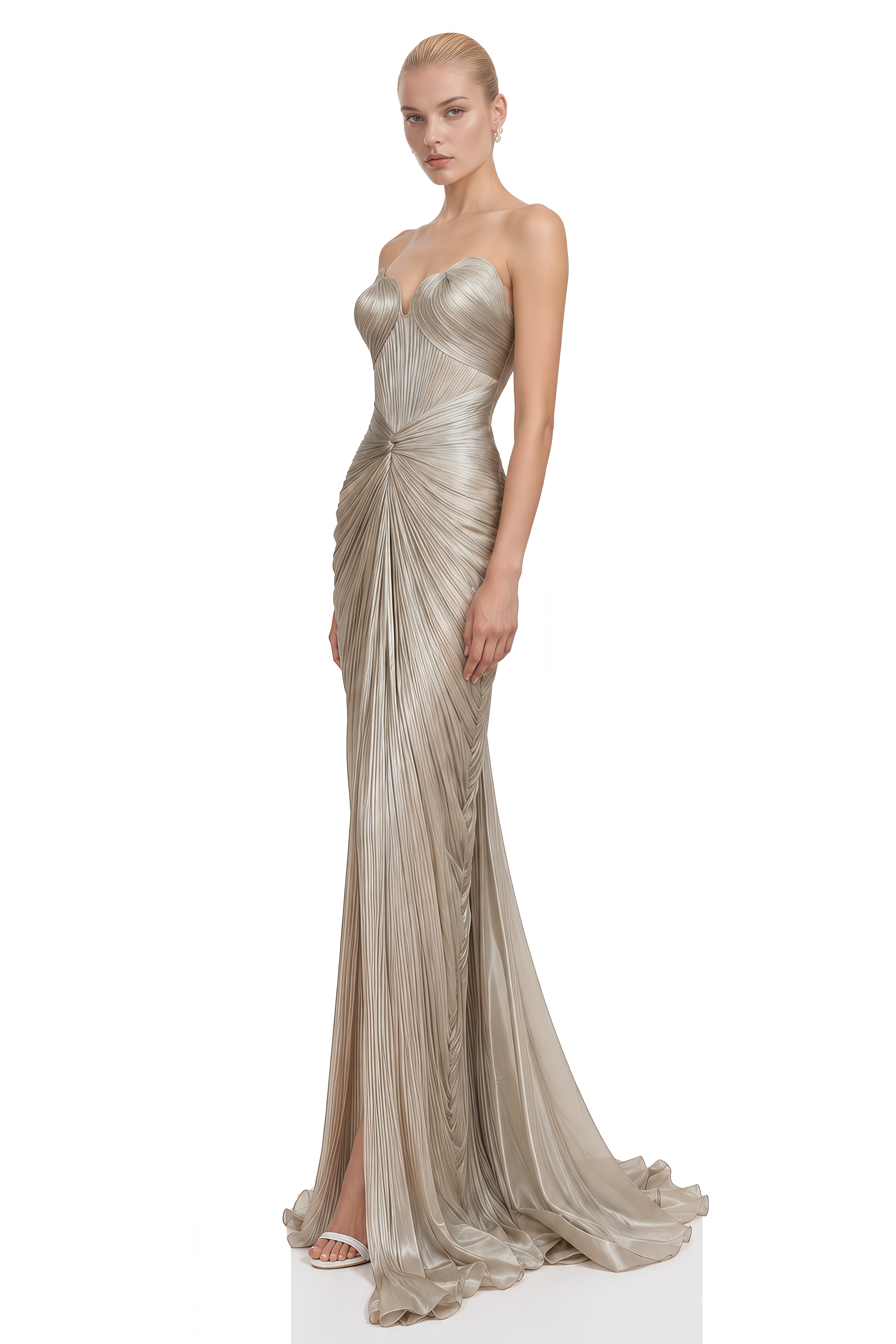 Beatrix Champagne Silver Strapless Slit Maxi Dress