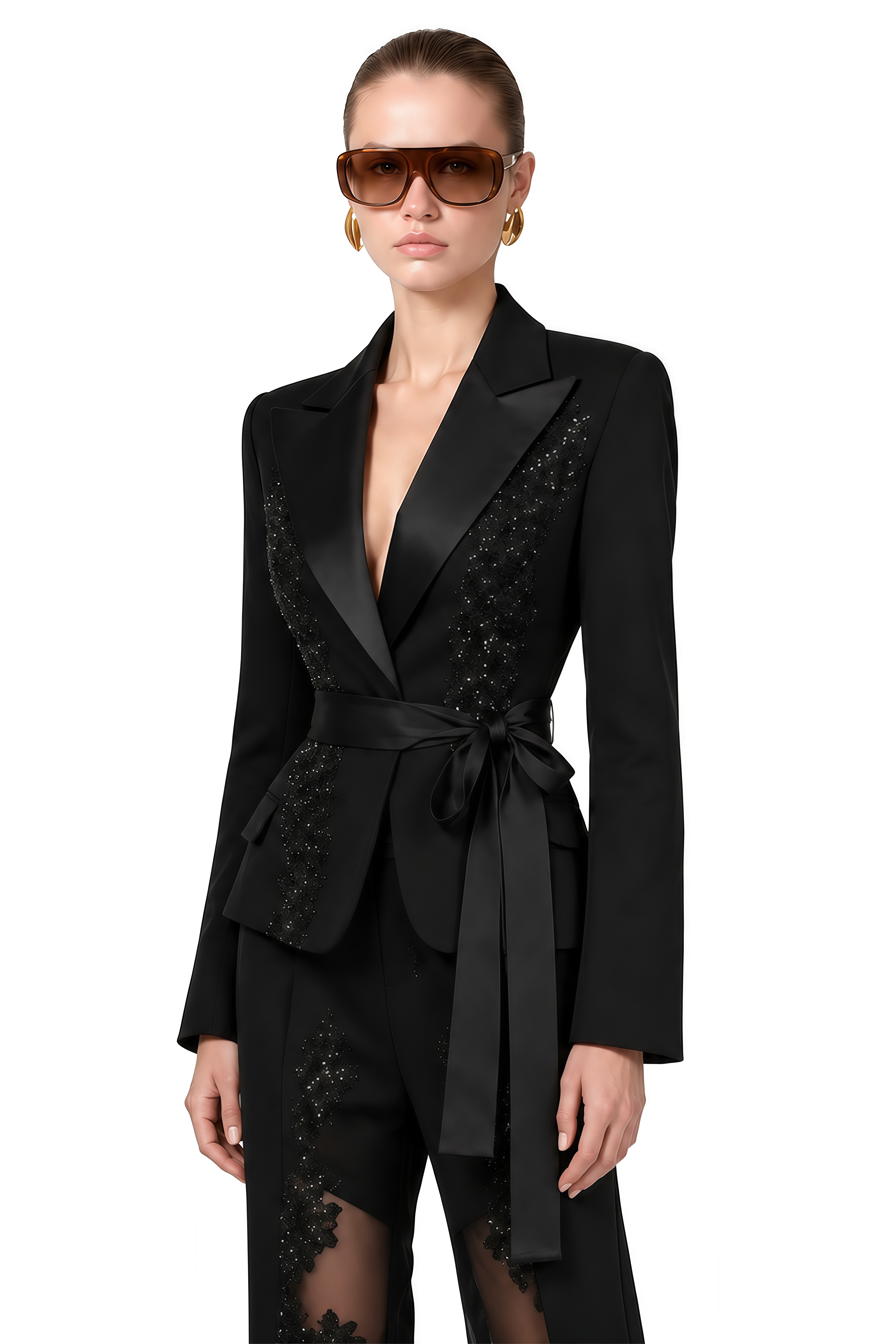 Celine Black V-Neck Lace Jacket & Trousers Set