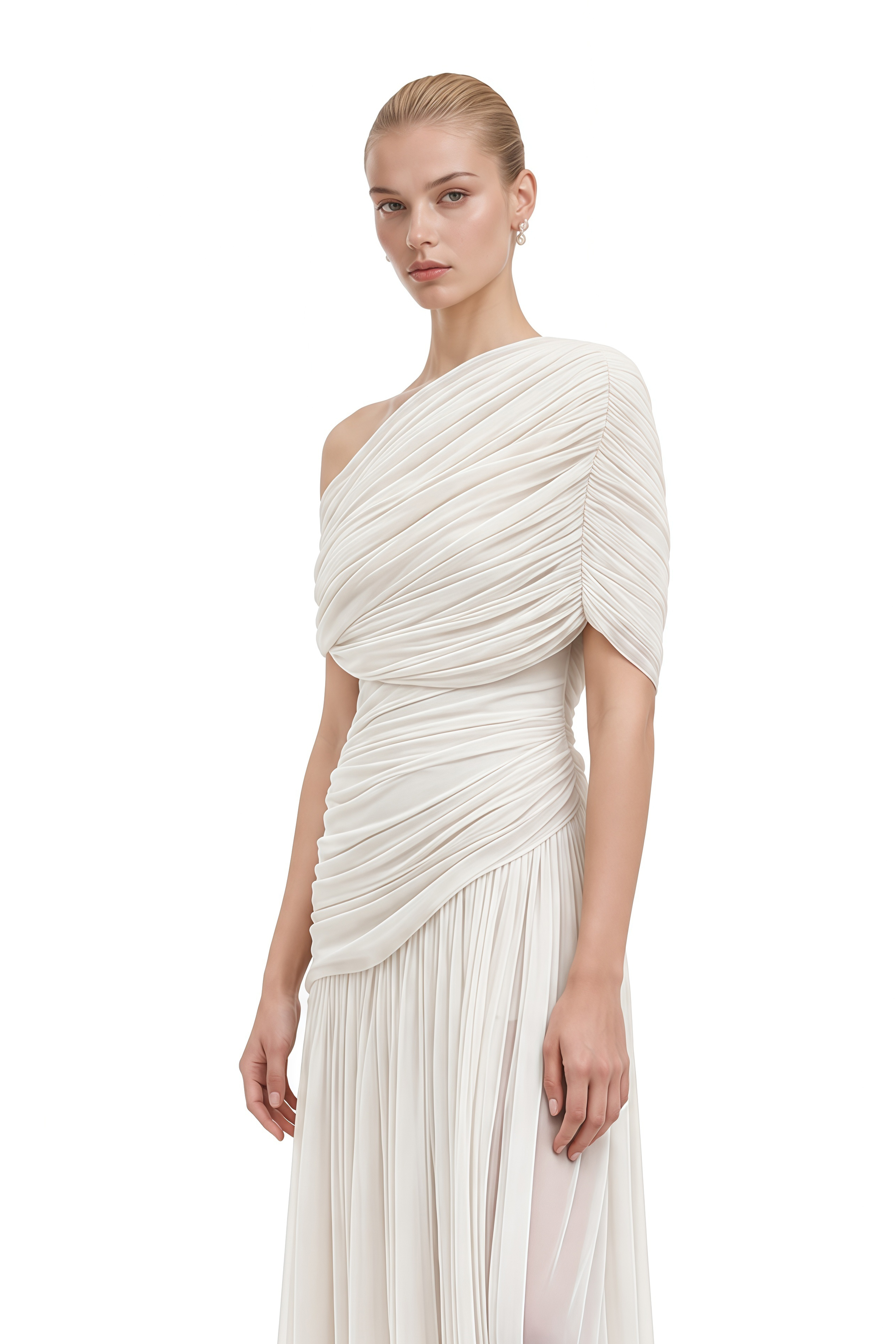 Eulalia White One-Shoulder Ruched Maxi Dress