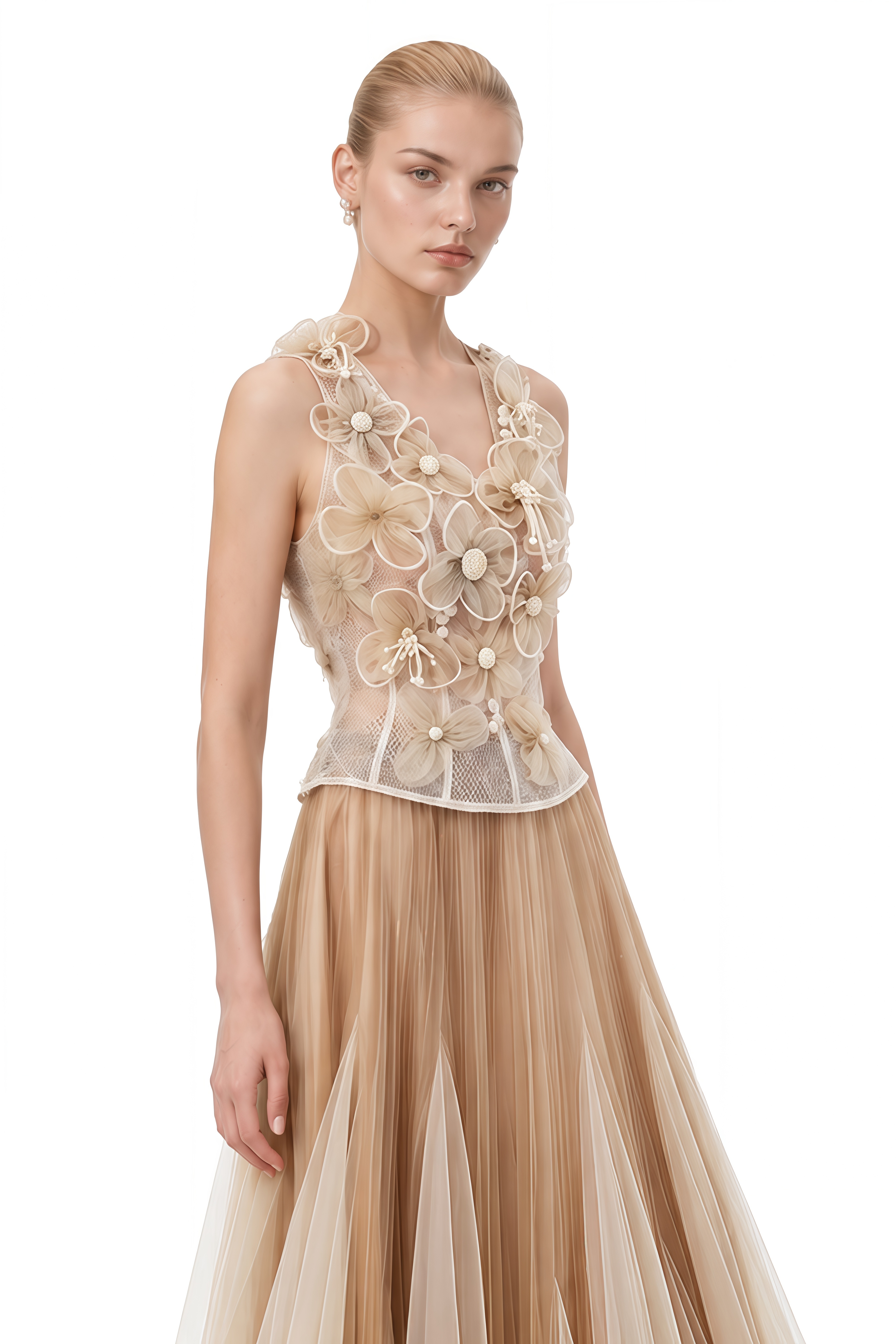Alice Beige 3D Floral Pleated Top & Skirt Set