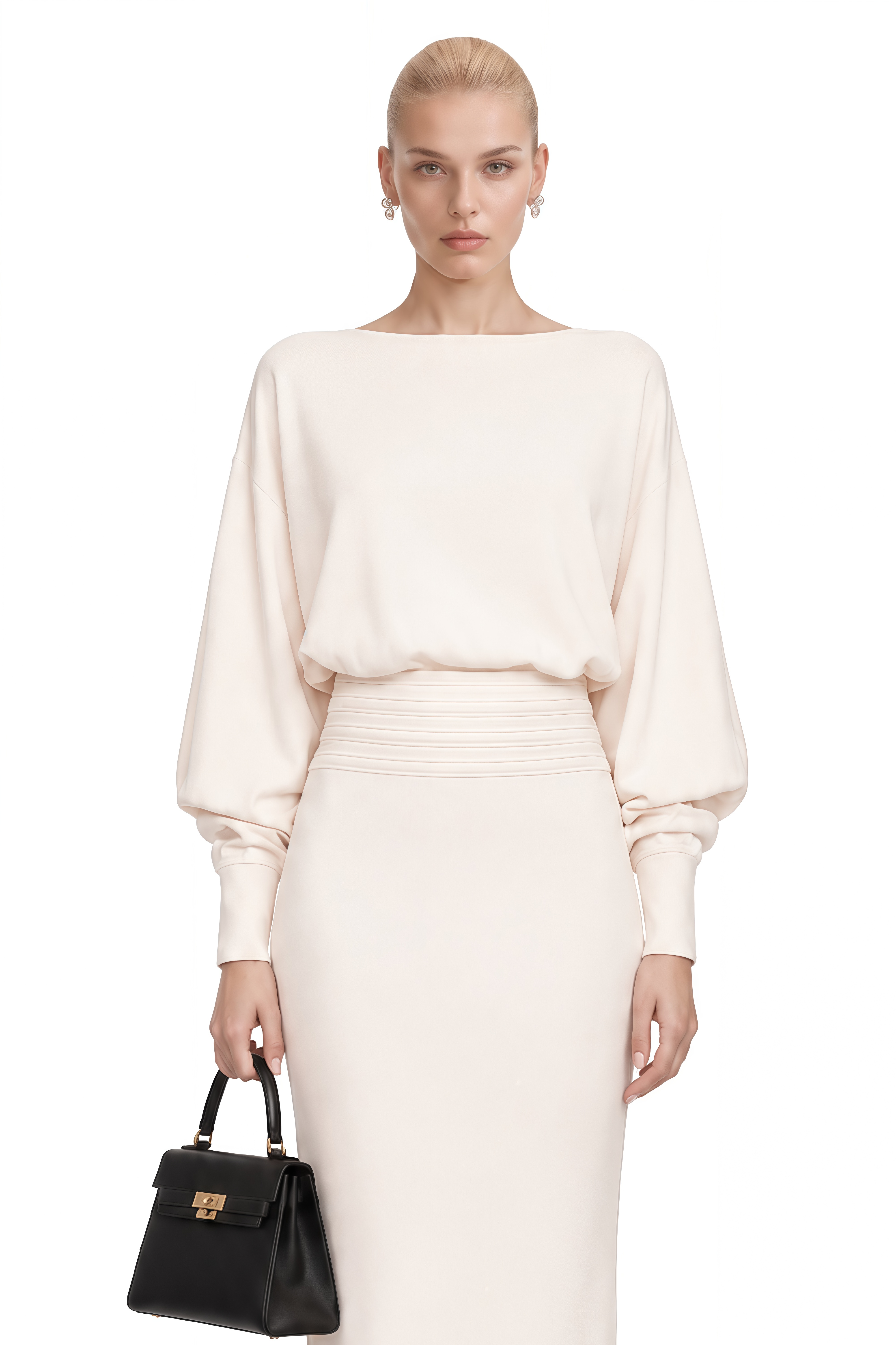 Aria White Long Sleeves Knitted Midi Dress