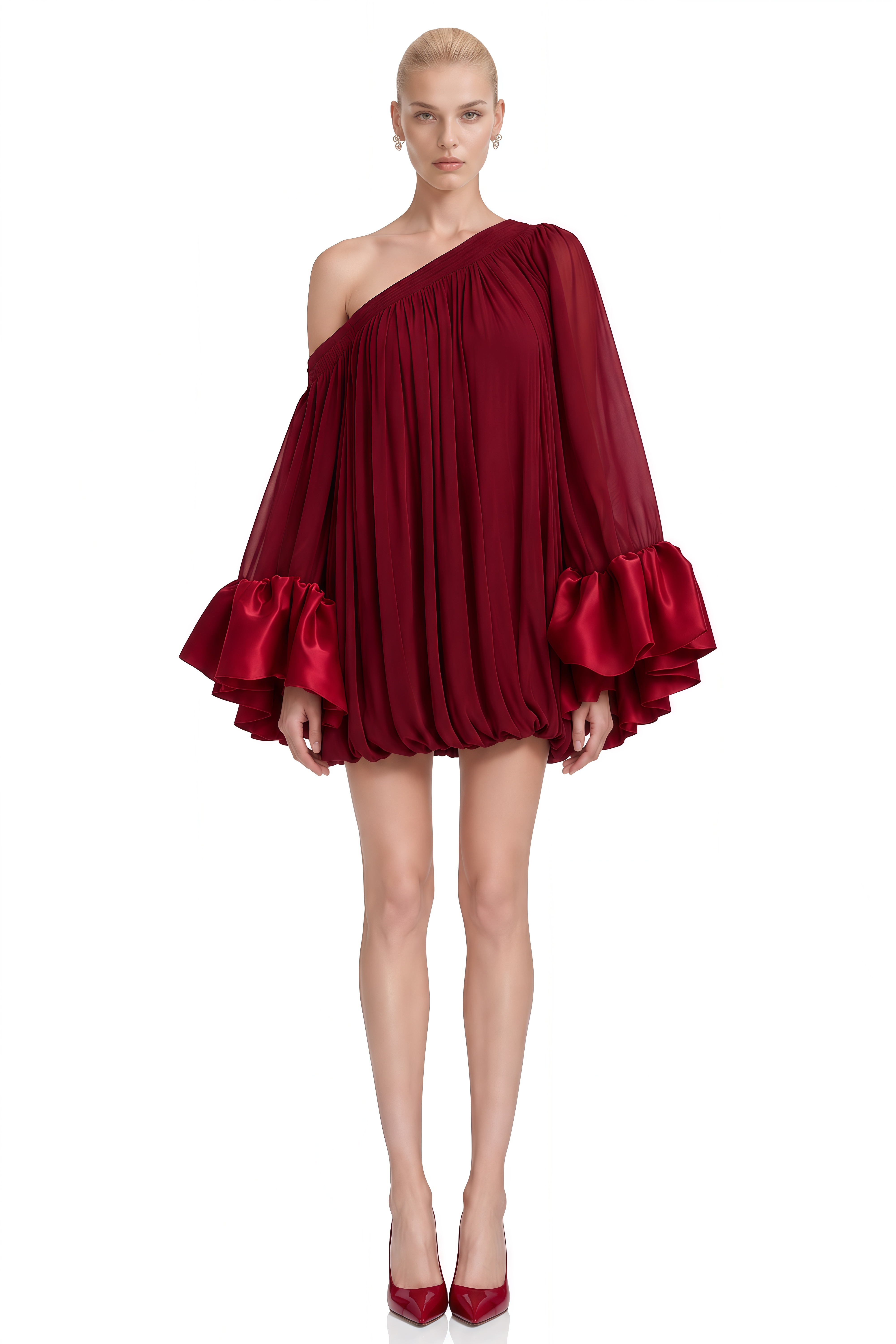 ‌Celeste Burgundy Long Sleeves Bubble-Hem Mini Dress