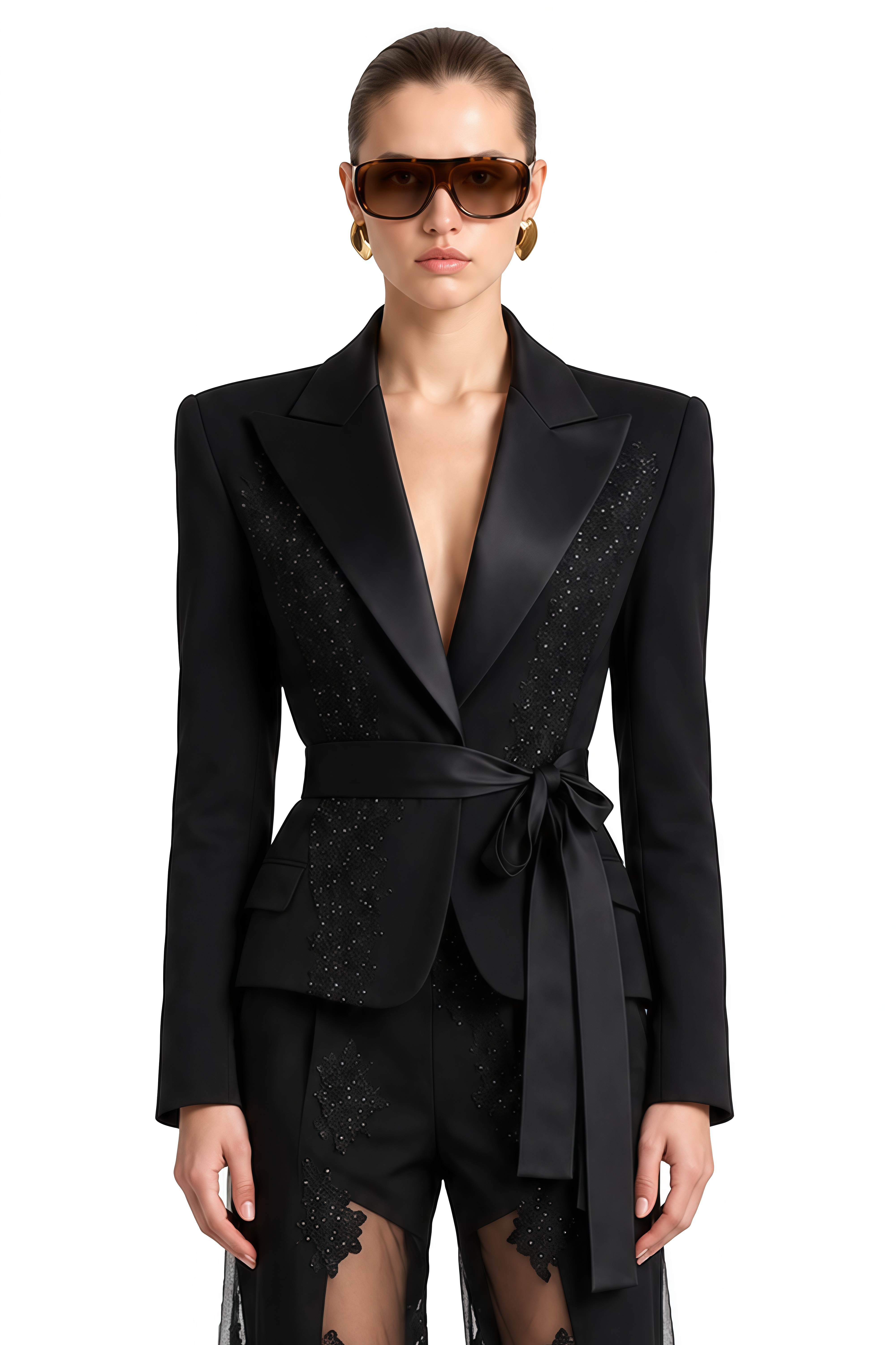 Celine Black V-Neck Lace Jacket & Trousers Set