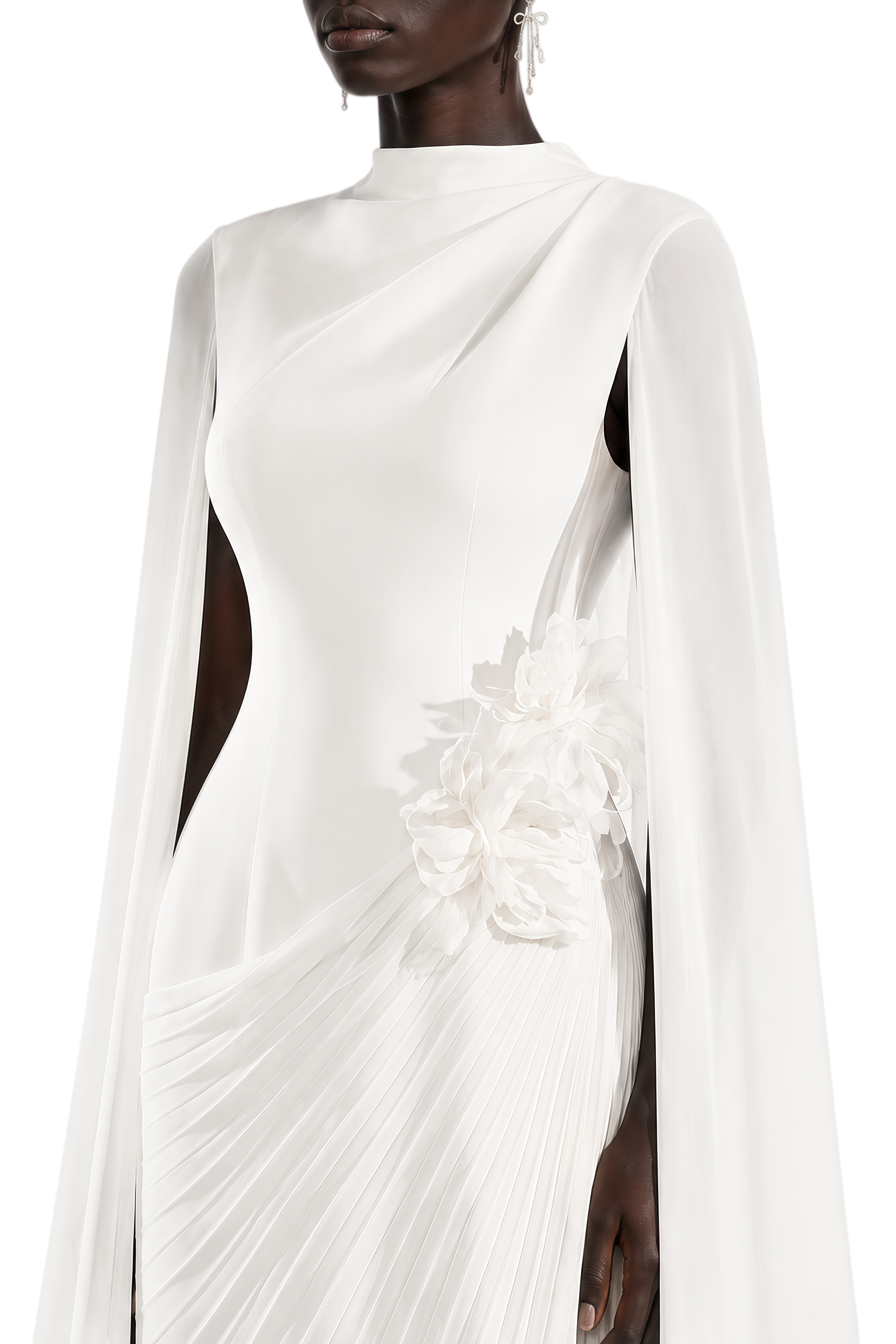 Odette White 3D Floral Appliqué Cape Design Maxi Dress