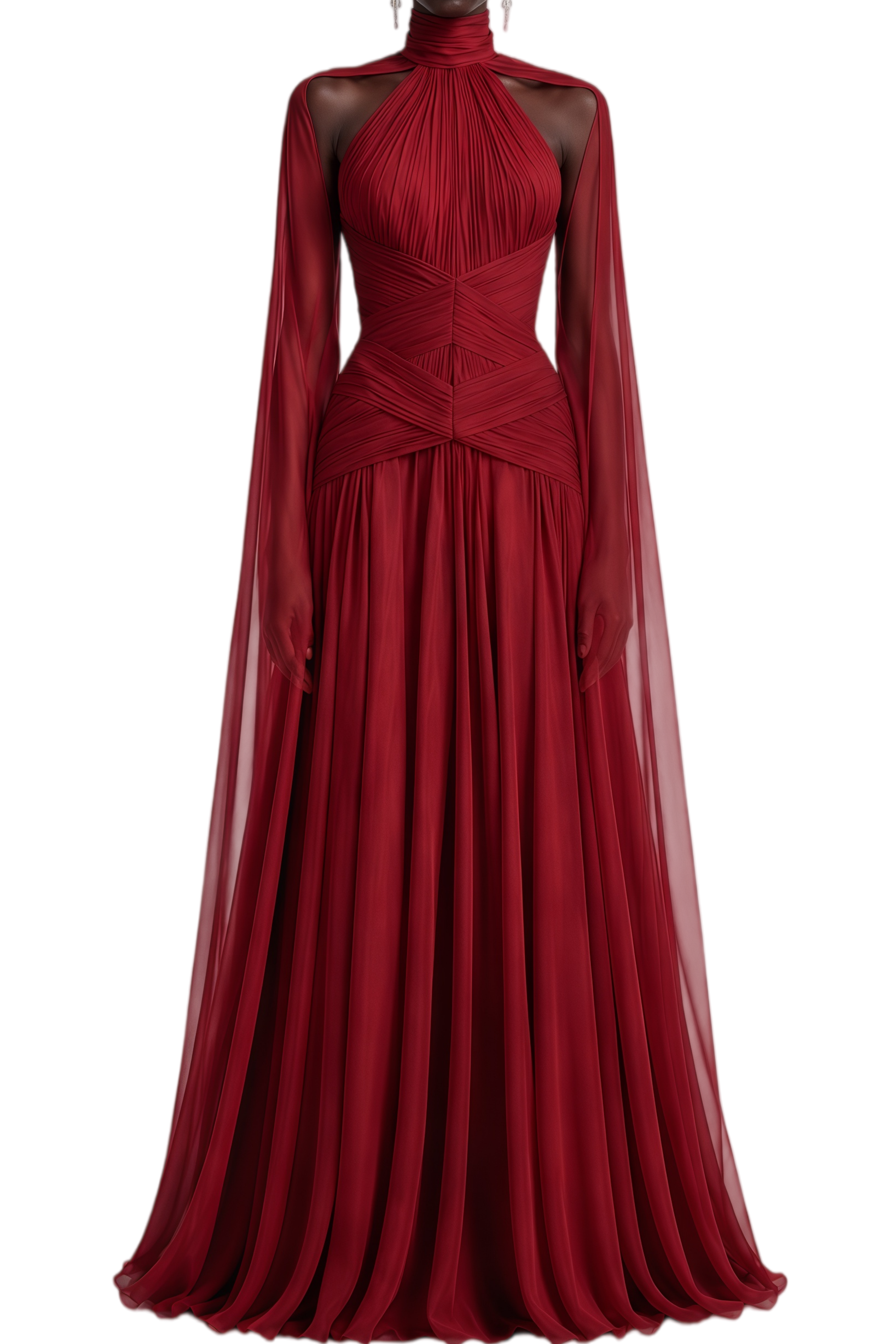 Liora Red Cape Design Ruched Maxi Dress