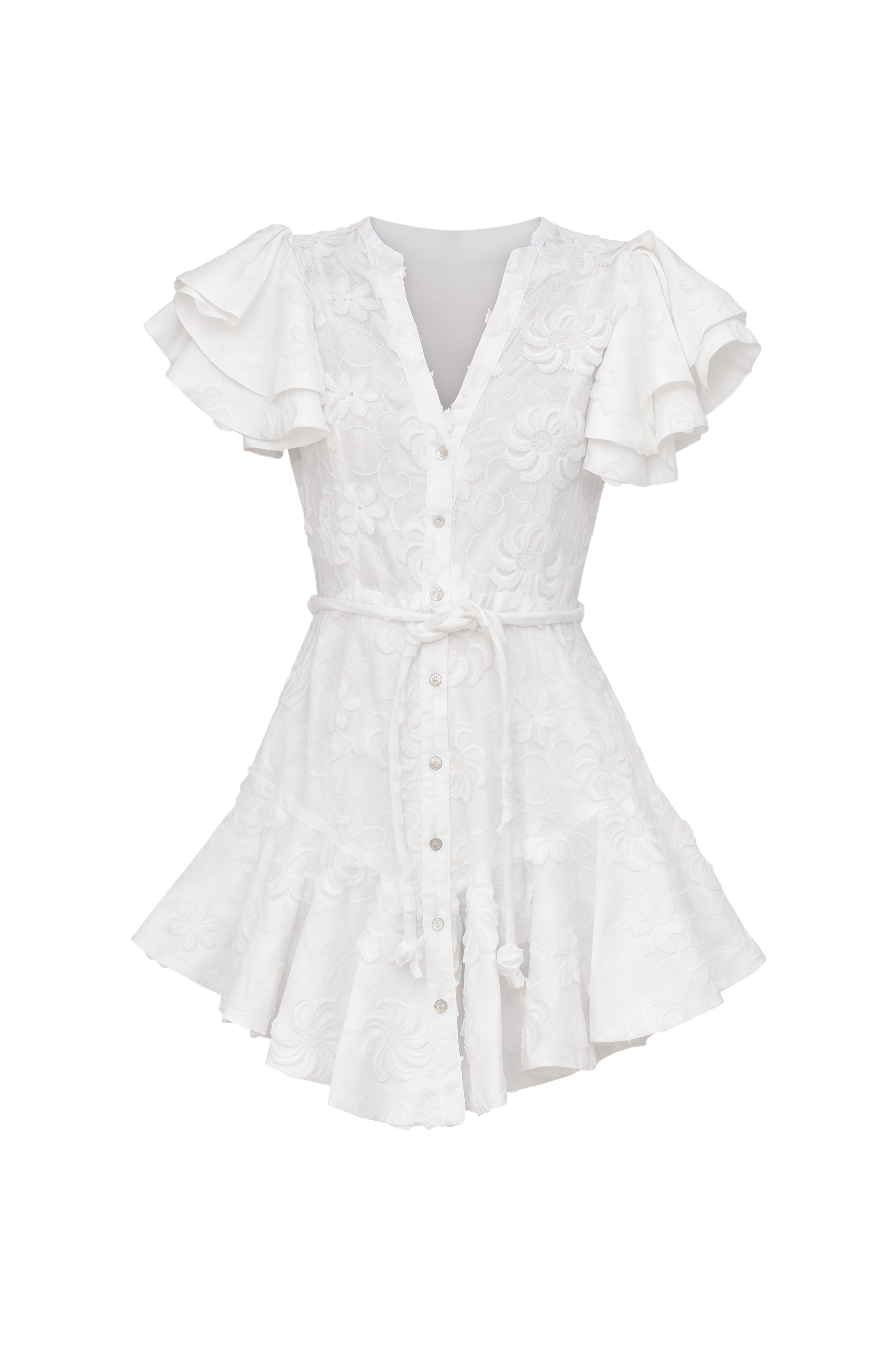 Vienne White V-Neck Ruffled Mini Dress