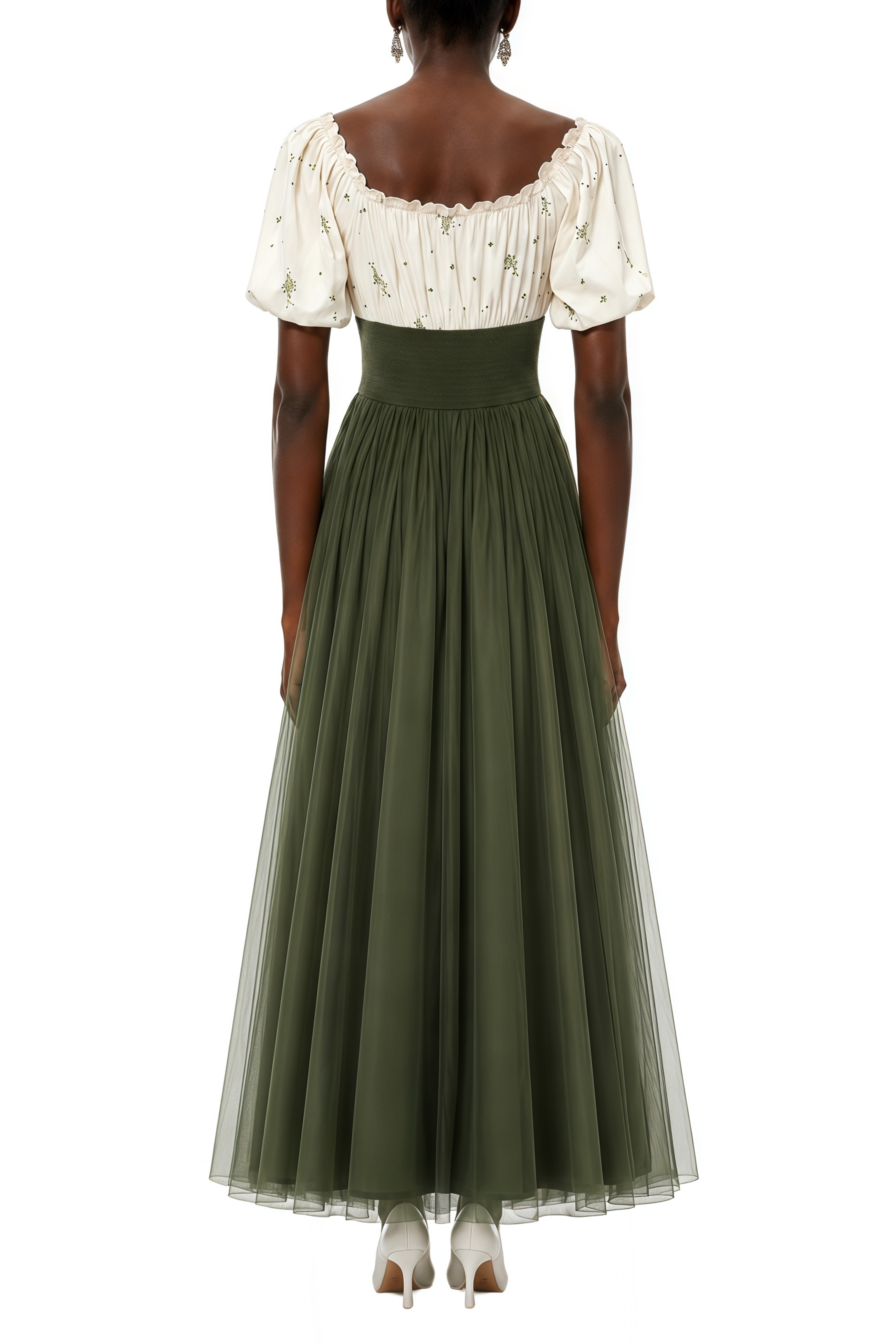 Celine Olive Green Mesh Ruffled Midi Dress