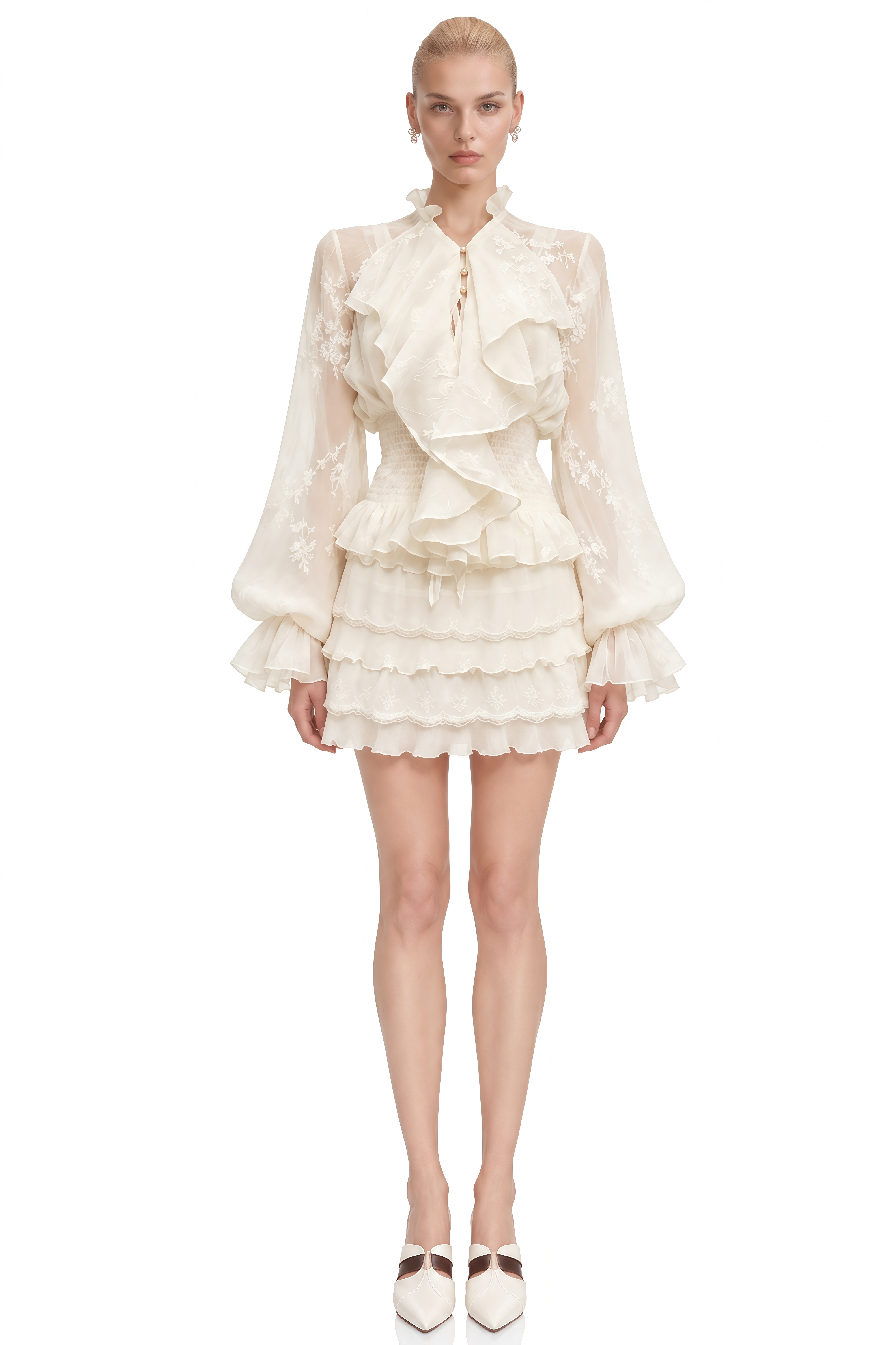 Audrey Neutral Long Sleeves Layered Ruffled Blouse & Skirt Set