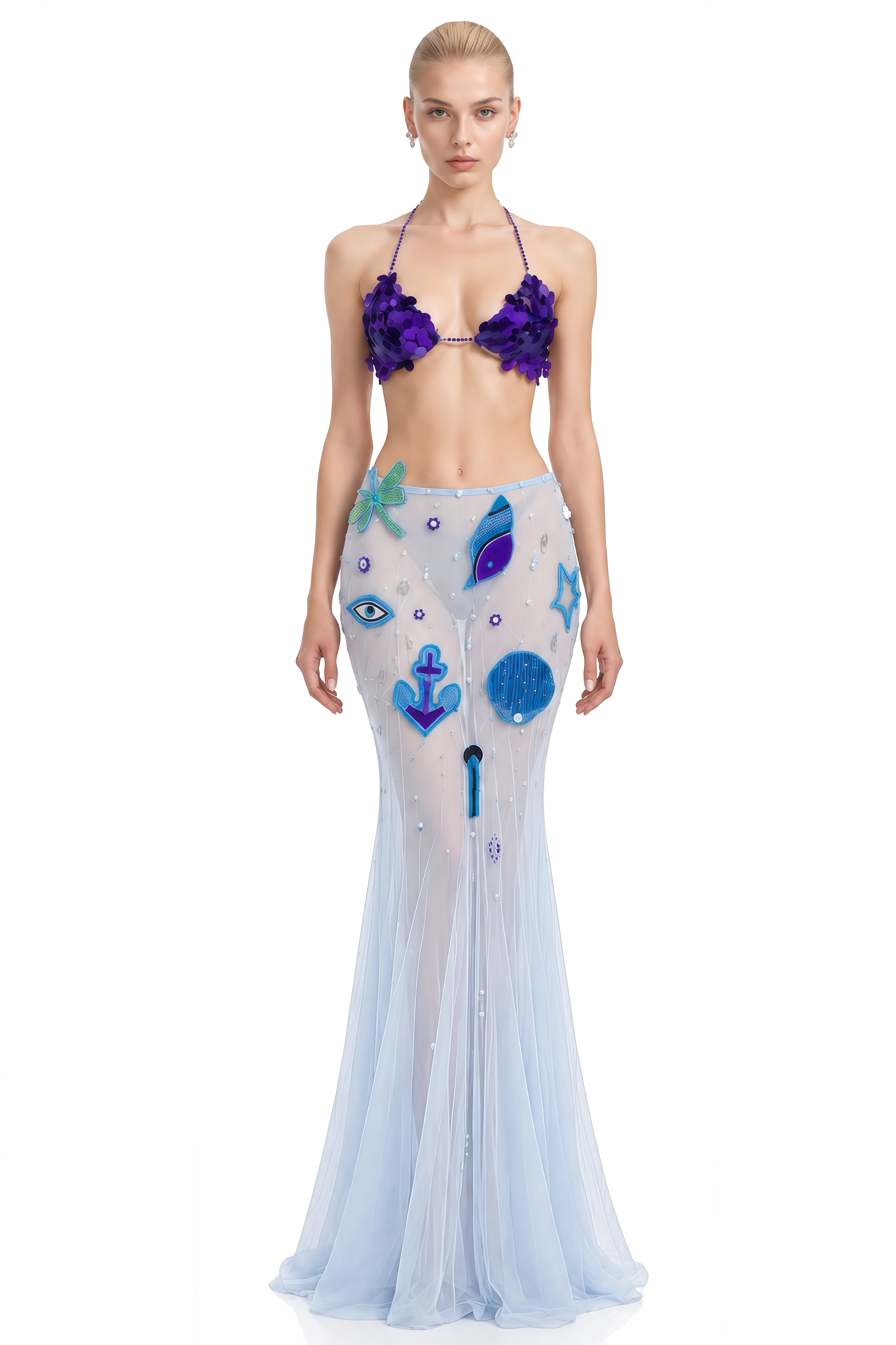 Elara Blue Sleeveless Embellished Top & Skirt Set