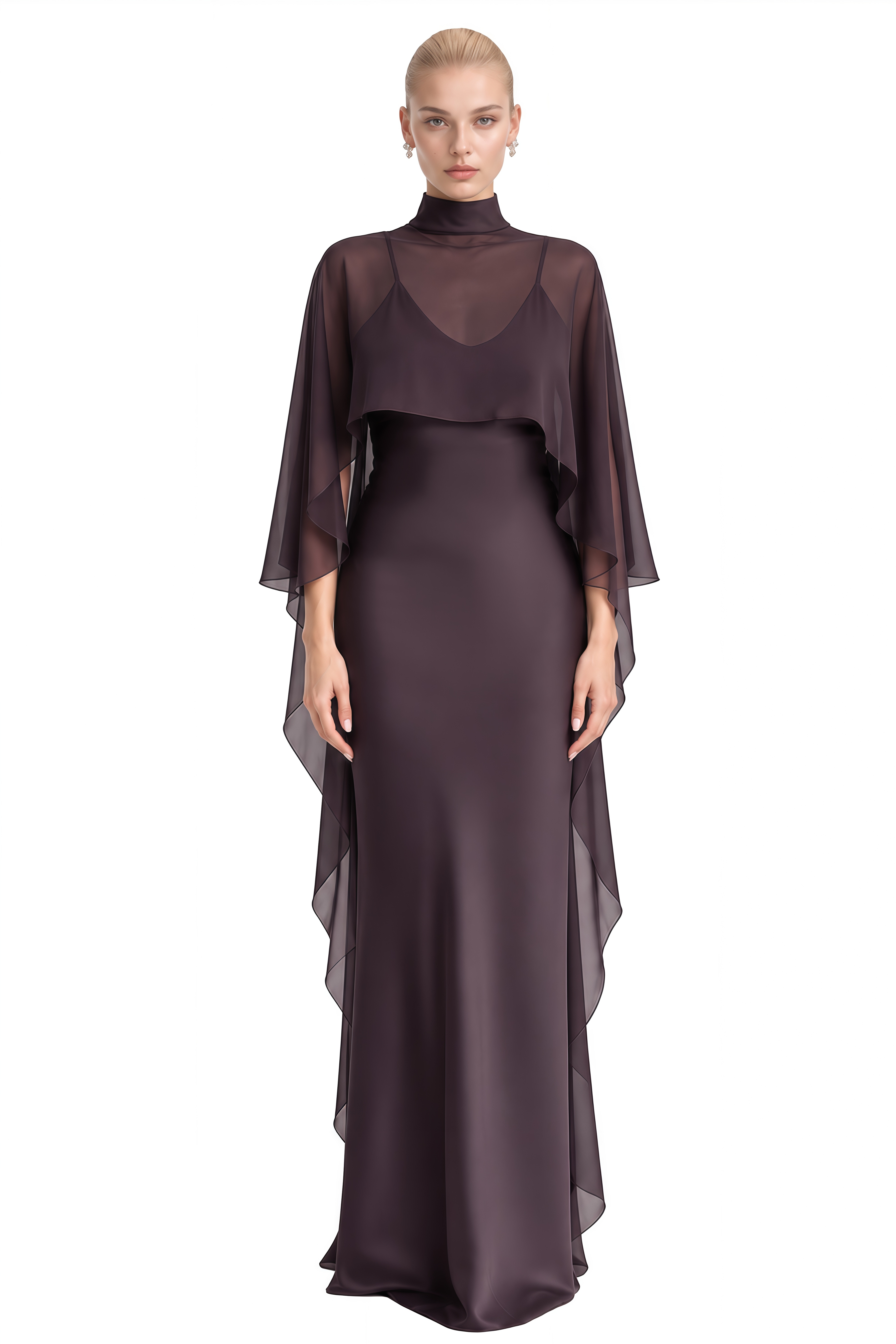Miranda Chocolate Turtleneck Cape Maxi Dress