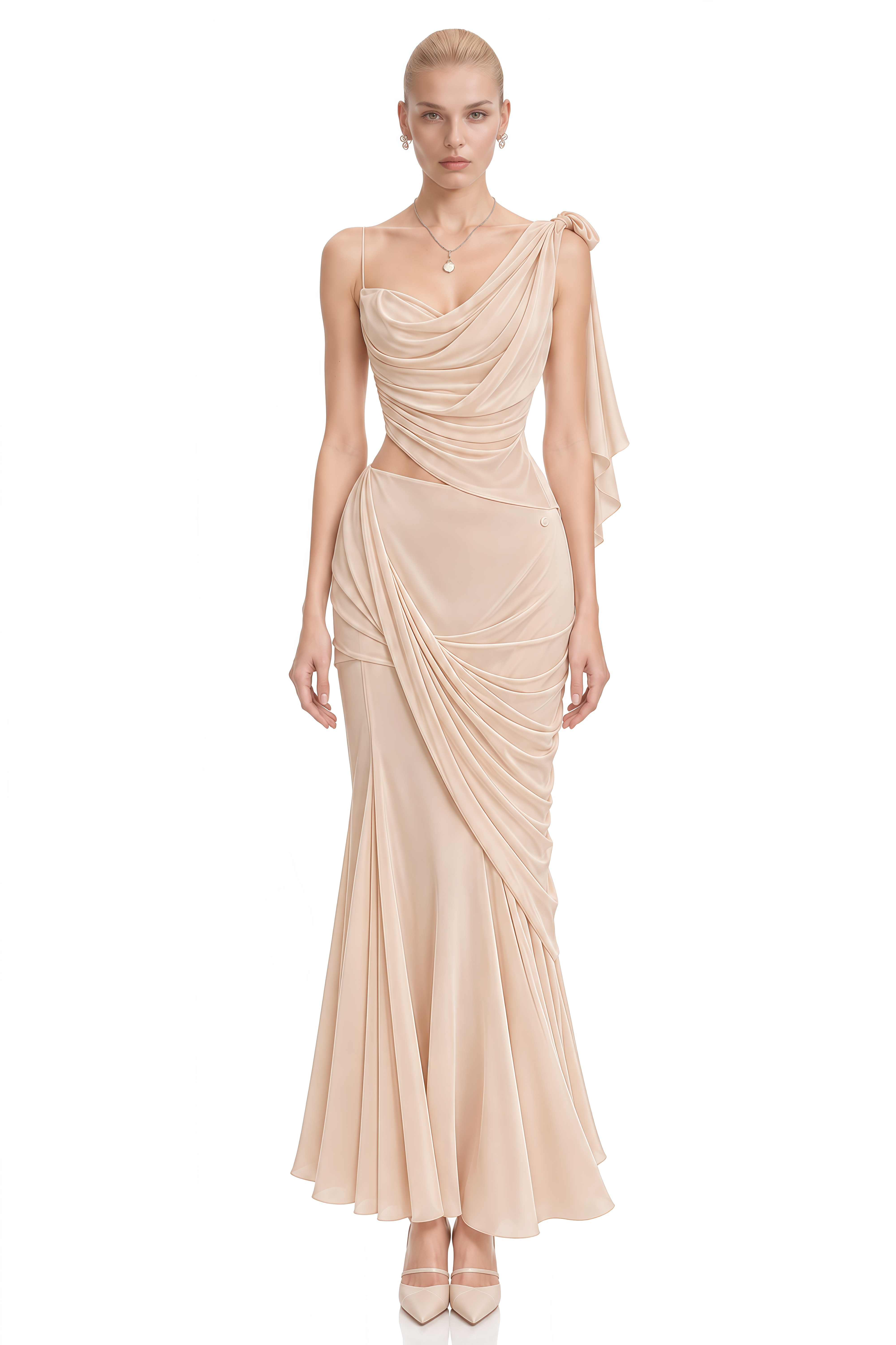 Ines Neutral Asymmetrical Draped Top & Skirt Set