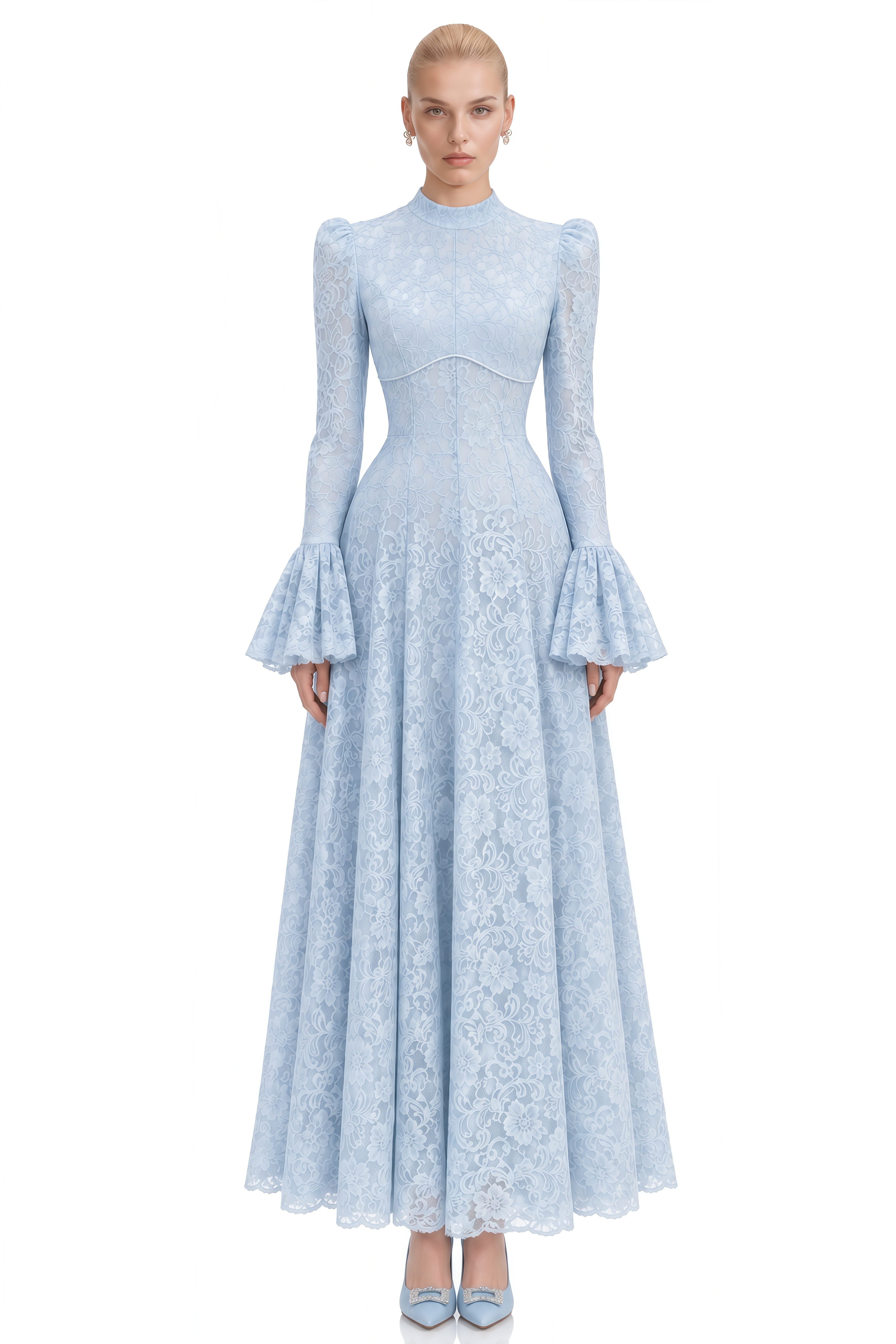 Lola Light Blue Turtleneck Floral Lace Maxi Dress
