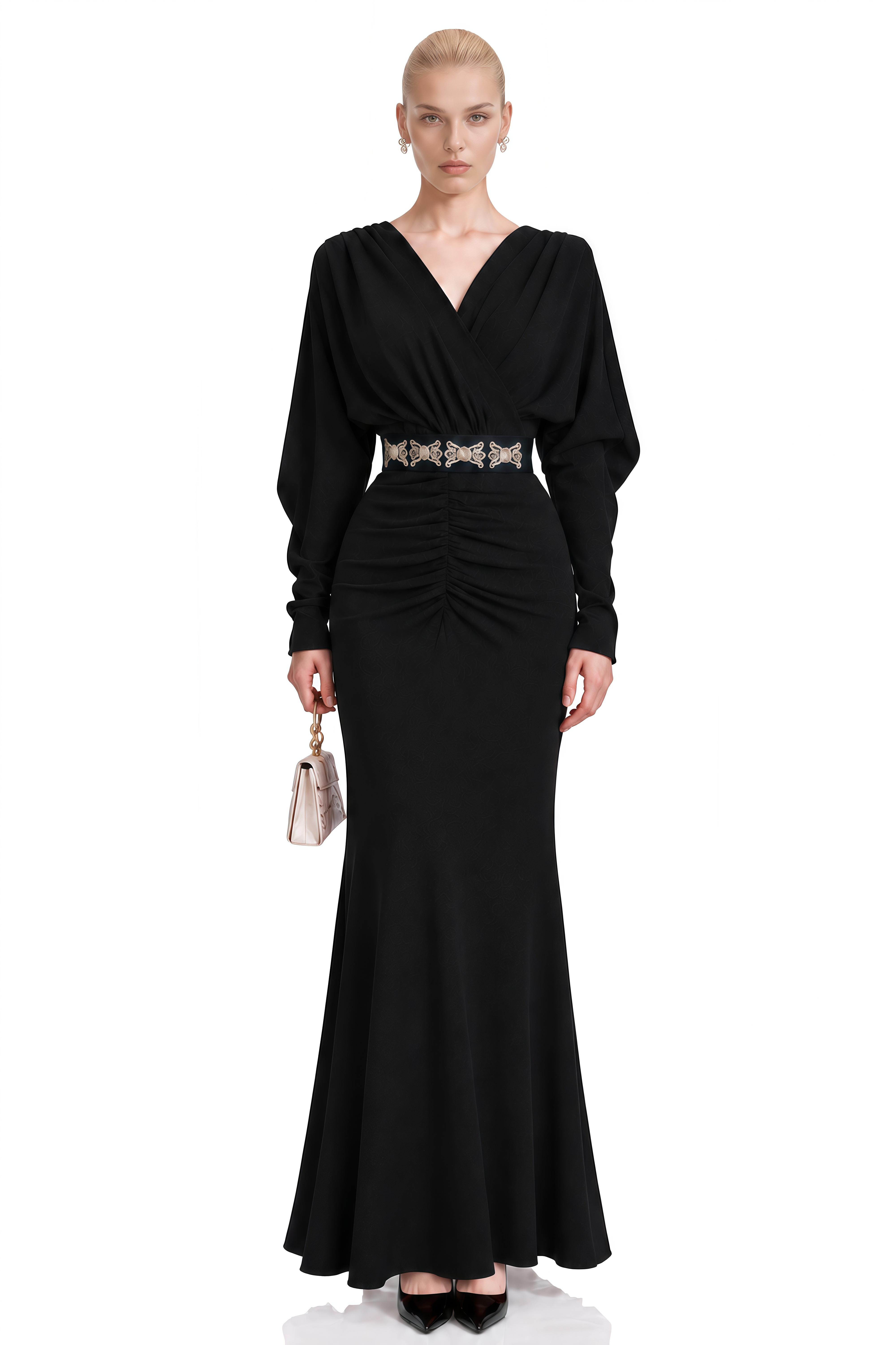 Genevieve Black Long Sleeves Ruched Maxi Dress