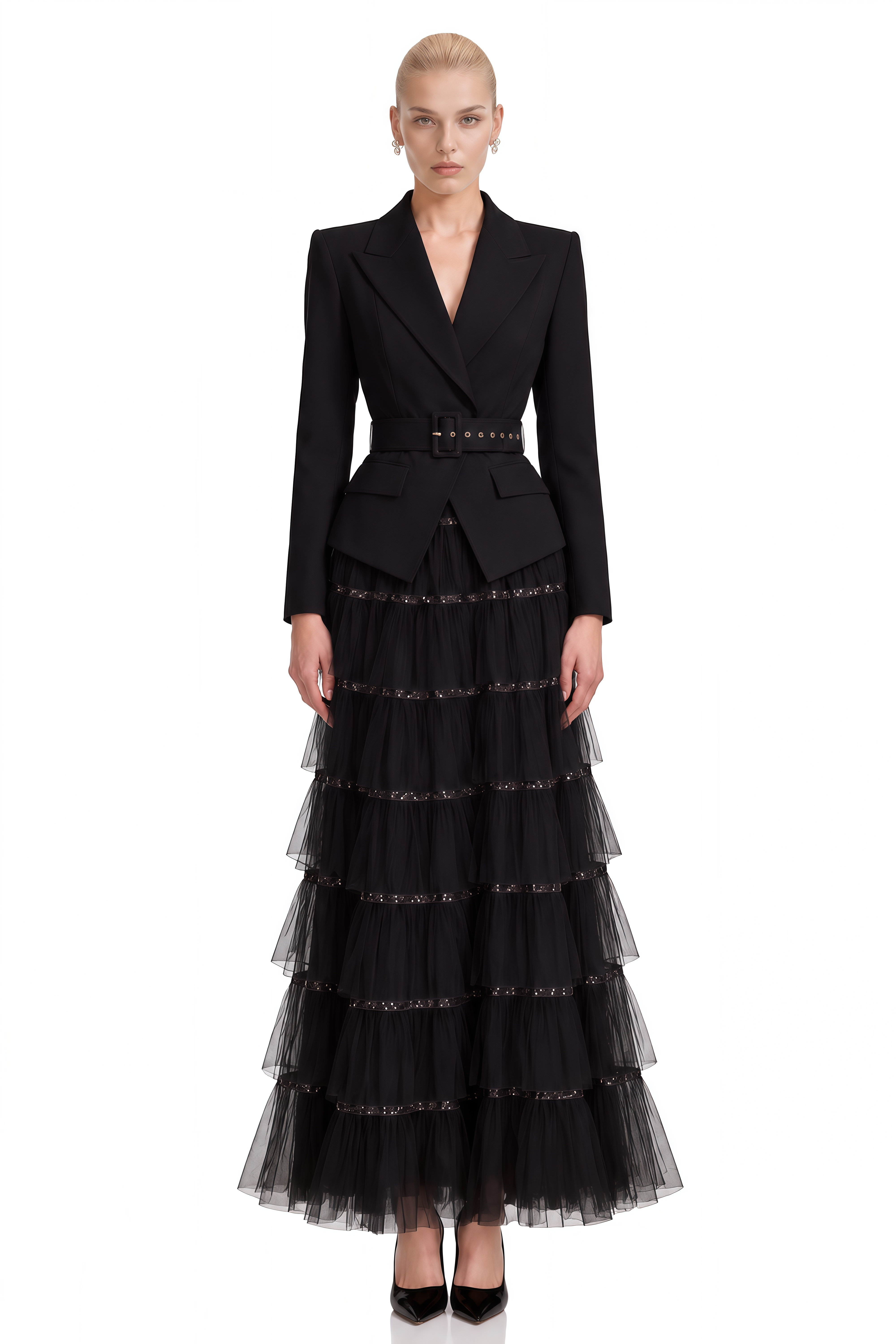 Delphine Black Sequin Belted Maxi Dress