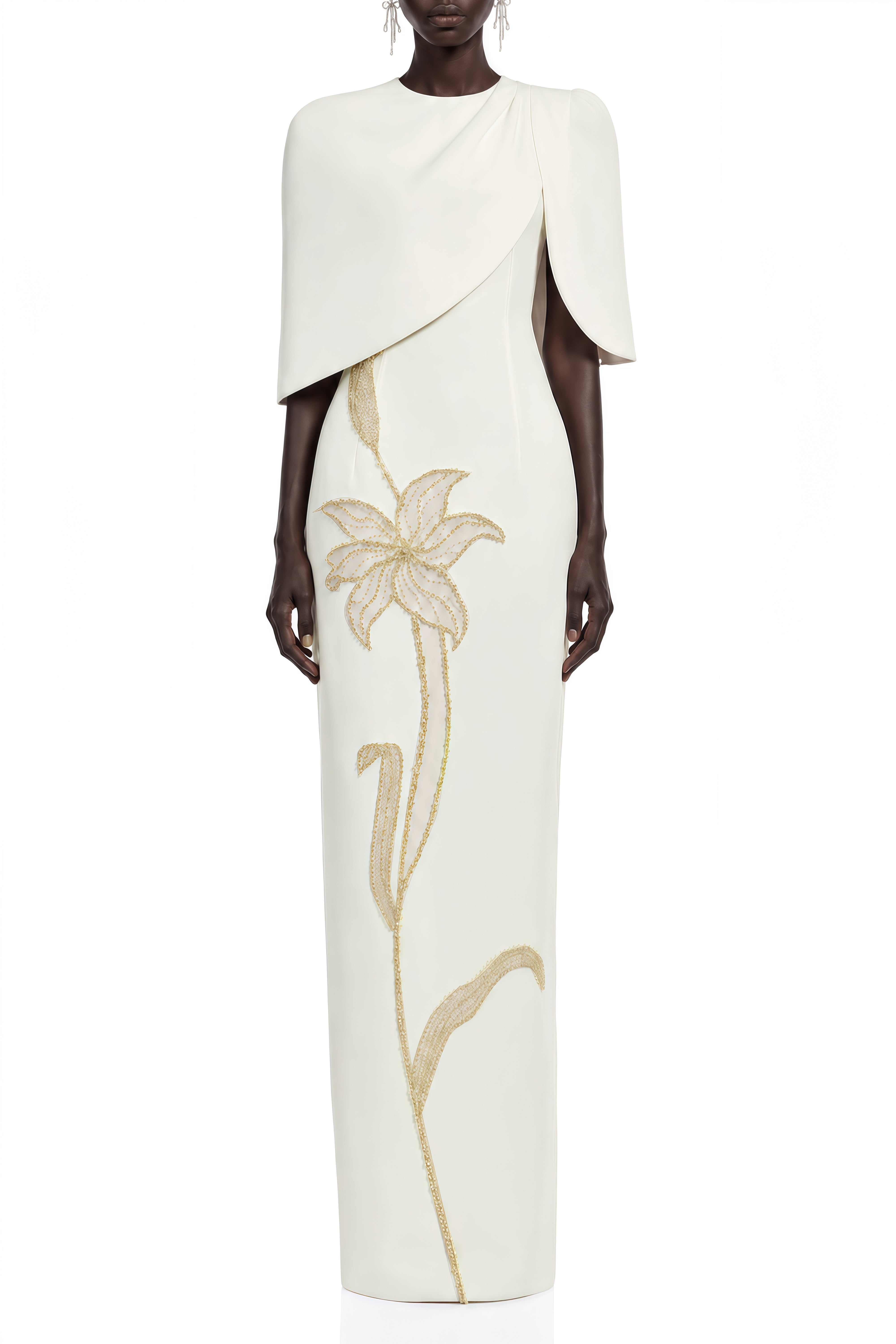 Vienne White Floral Embellished Cape Maxi Dress