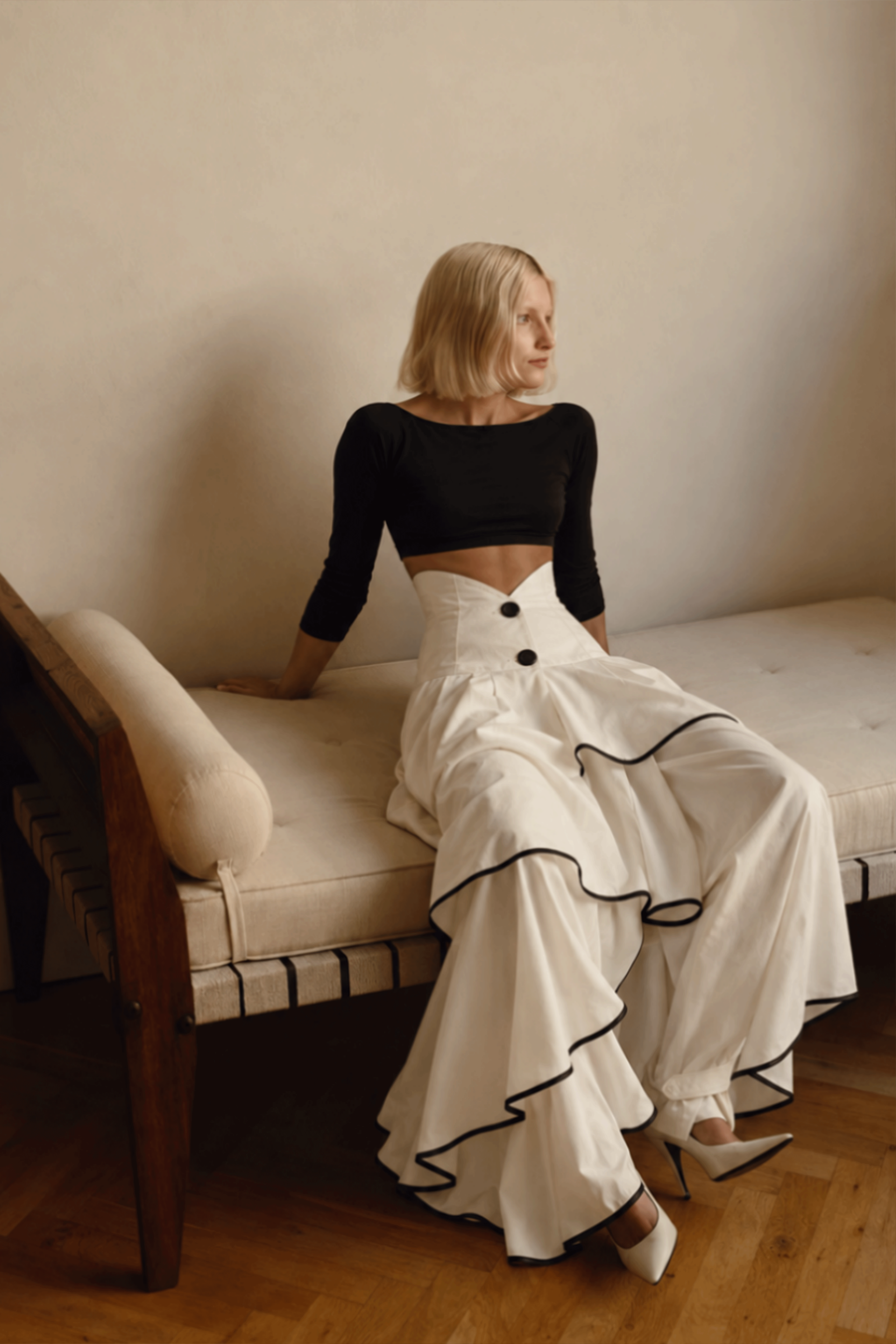 Emmeline White Round Neck Ruffled Top & Skirt Set