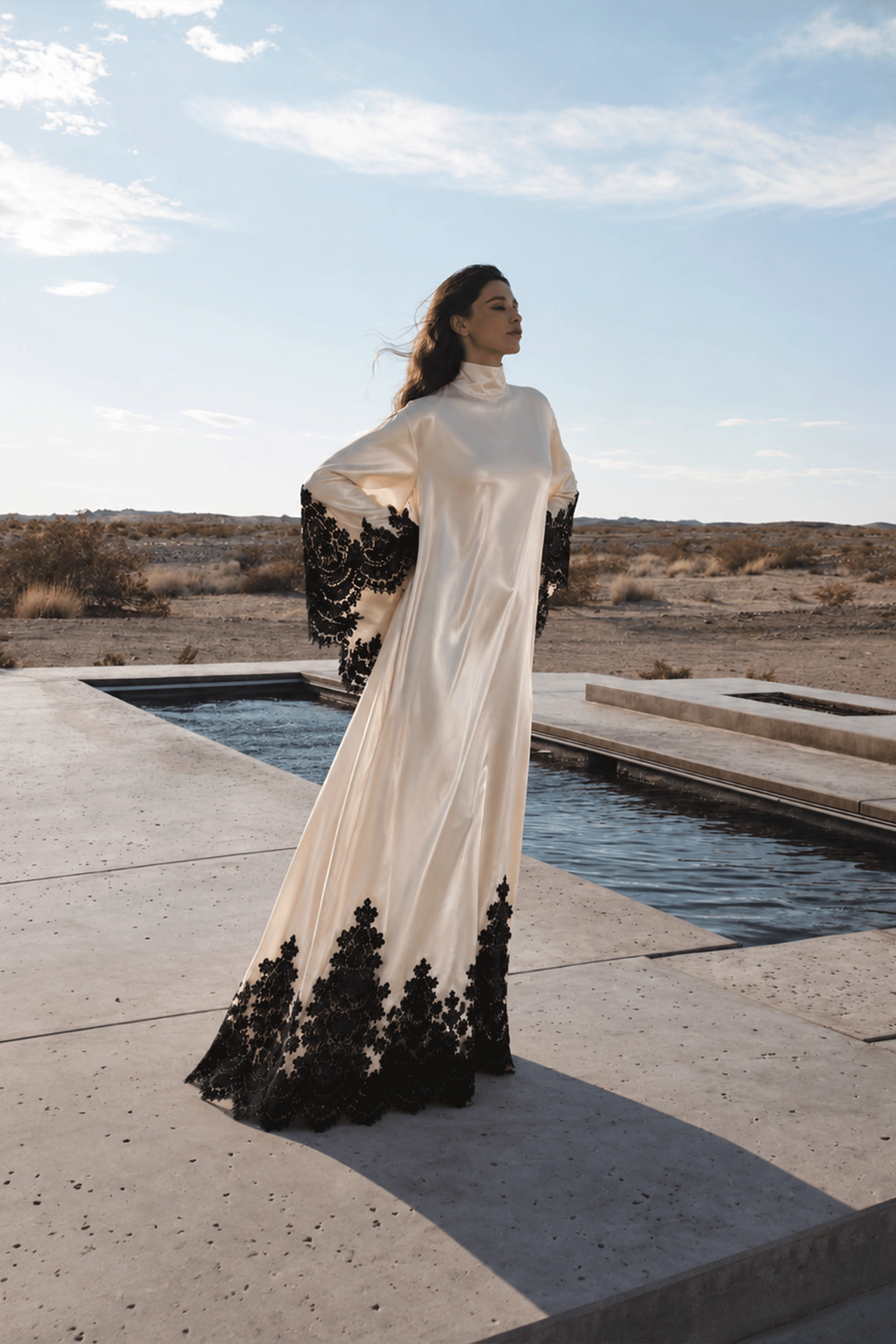 Imogen Neutral Turtleneck Lace Panel Maxi Dress