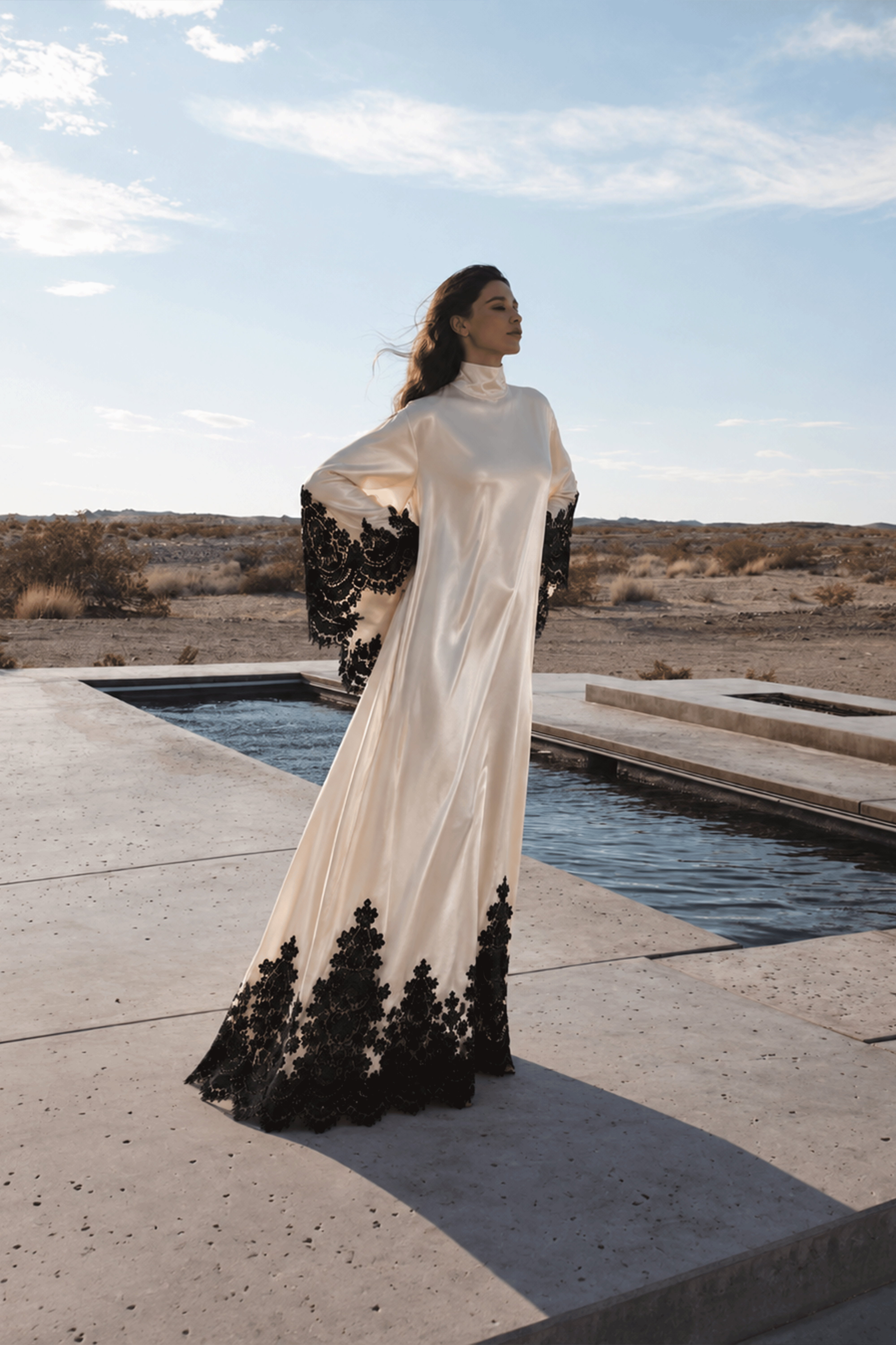Imogen Neutral Turtleneck Lace Panel Maxi Dress