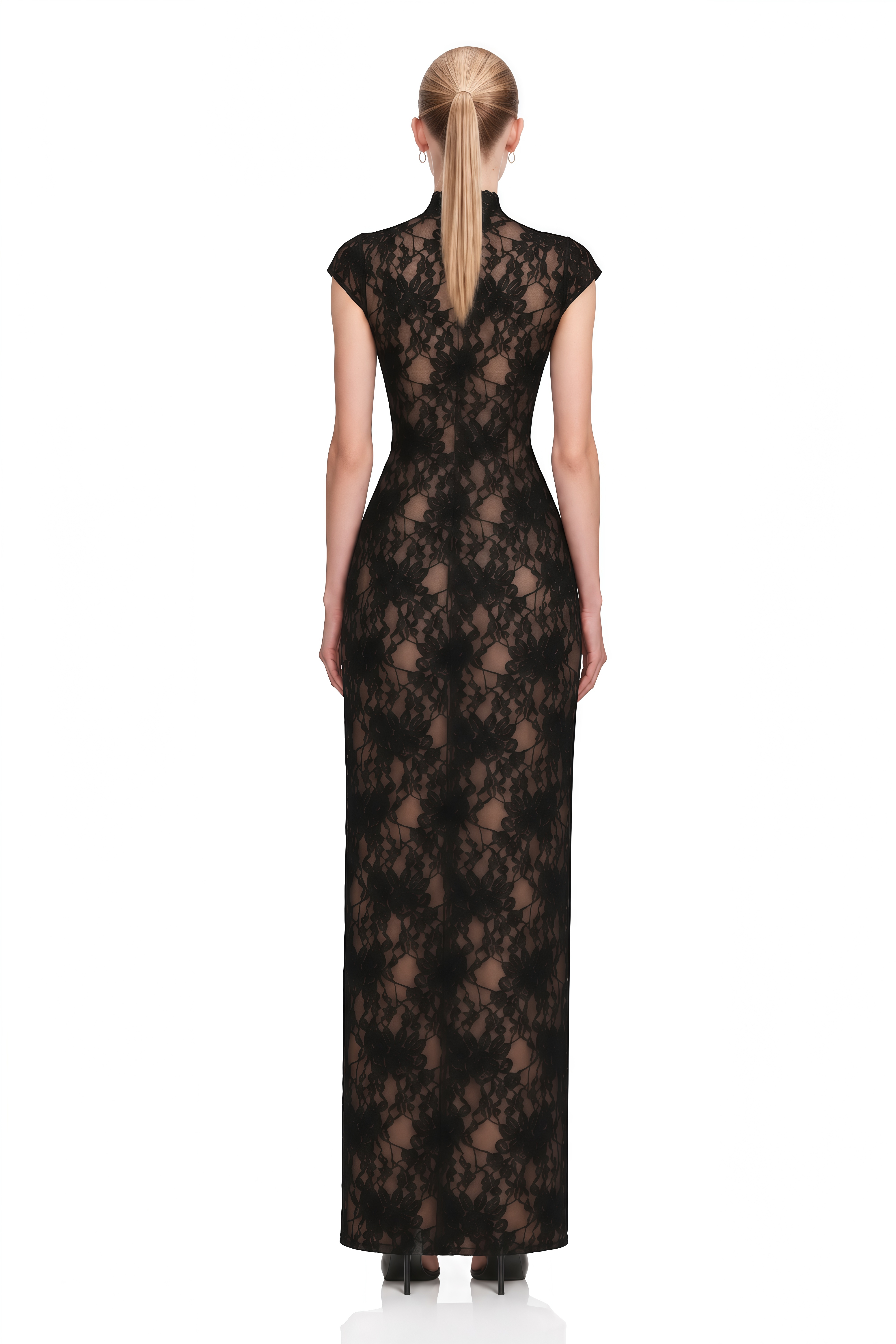 Sylvia Black Turtleneck Floral Lace Maxi Dress