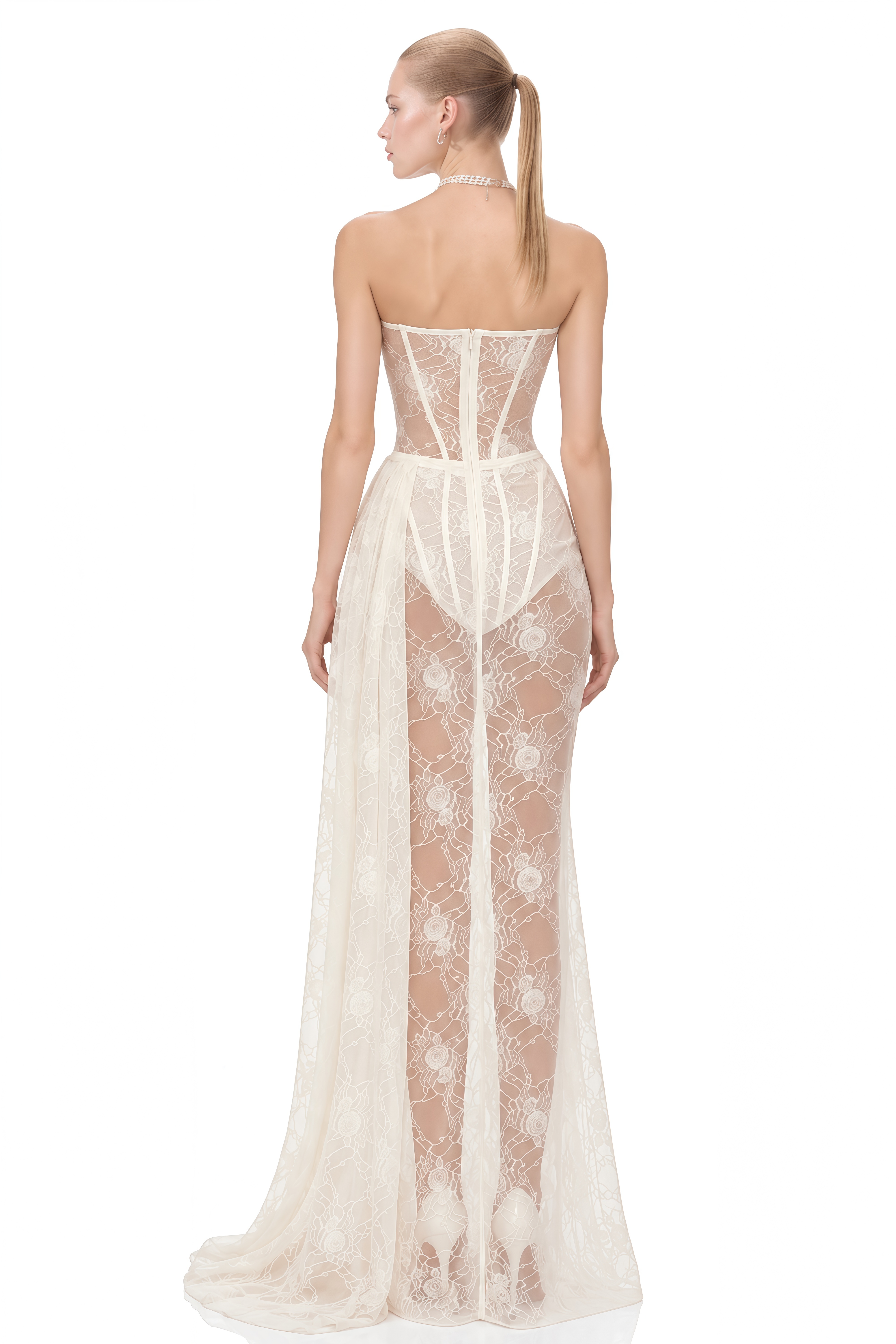 Elodie White Strapless Sheer-Lace Maxi Dress
