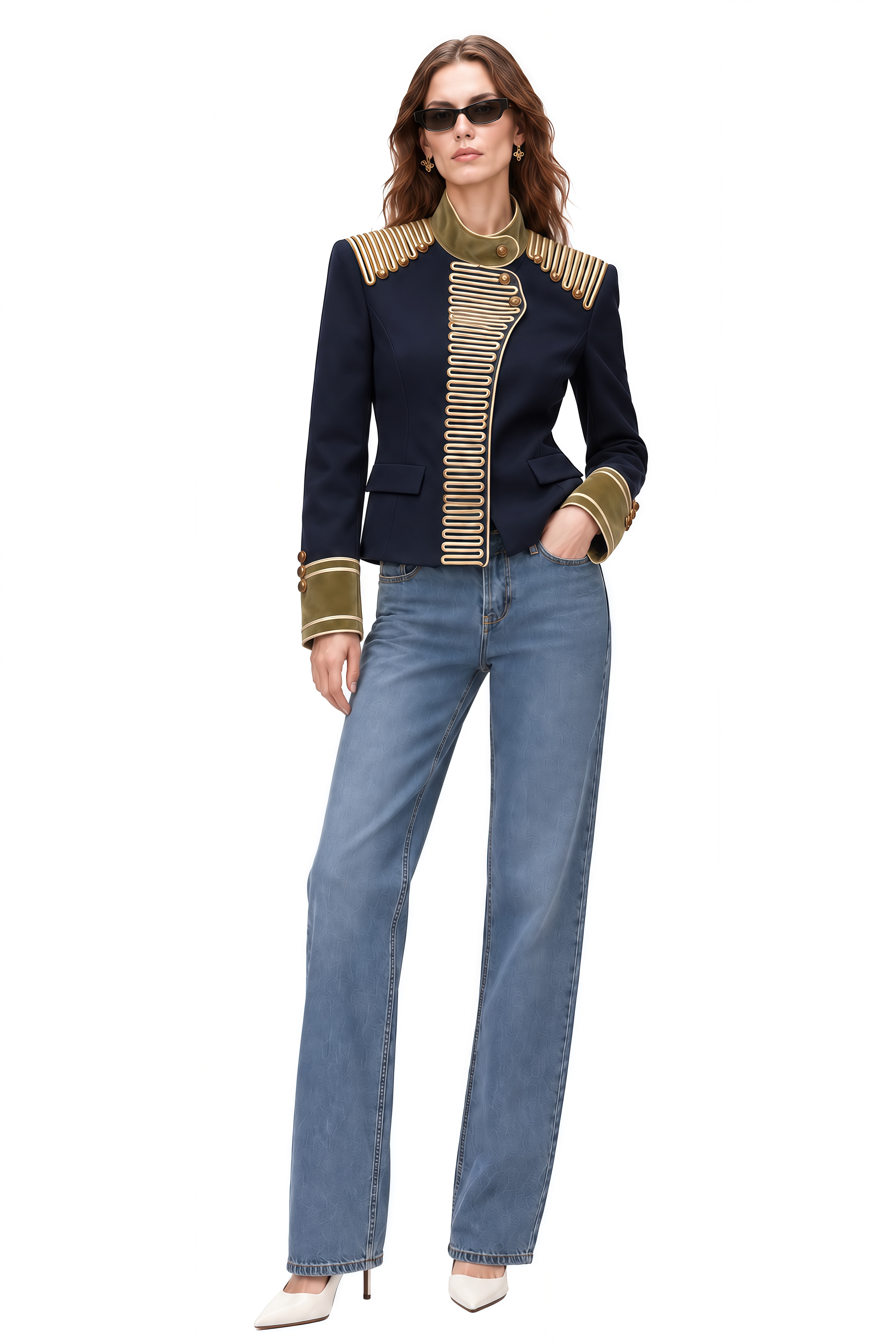 Aurelia Navy Long Sleeves Decorative Coat