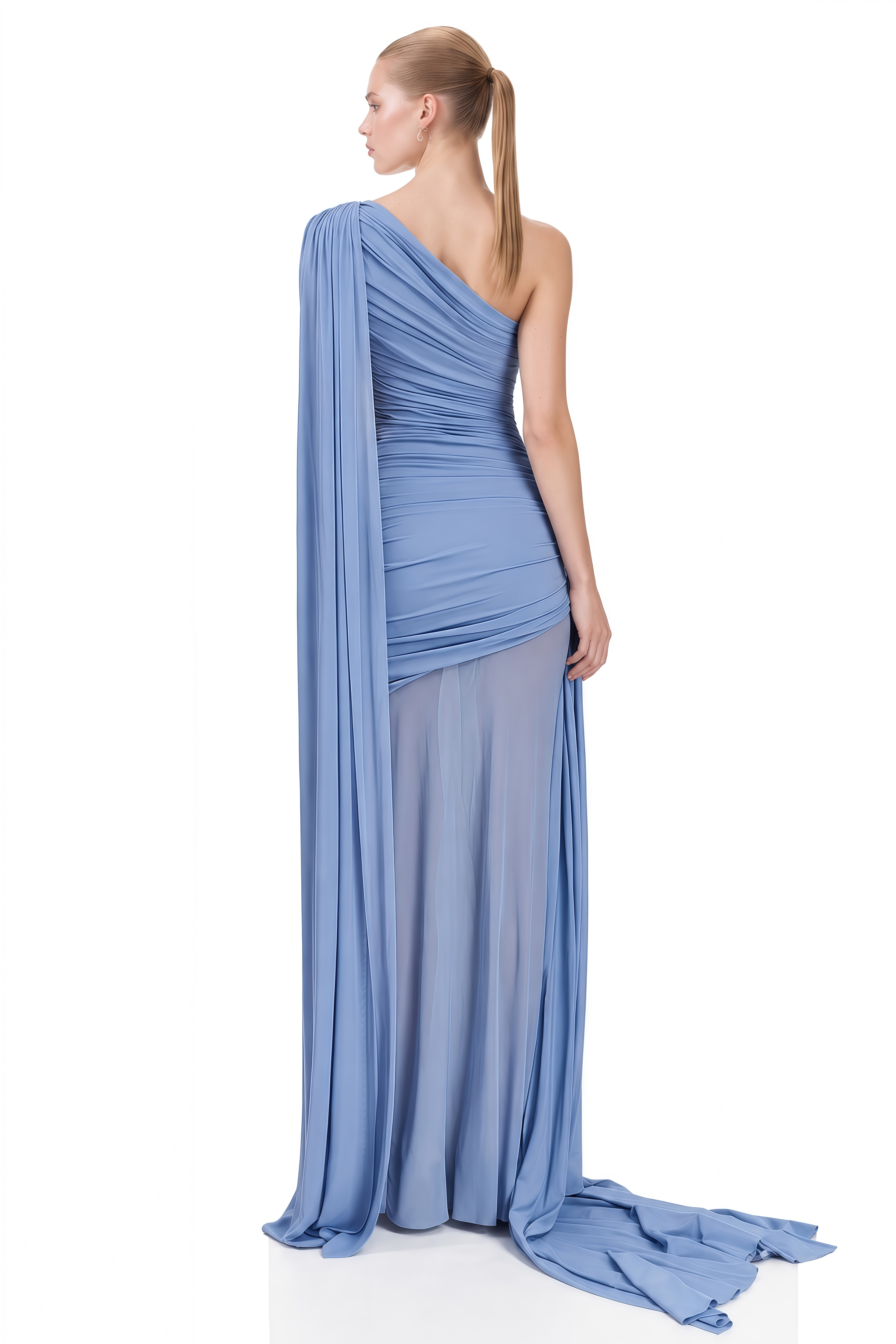 Anna Blue One-Shoulder Ruched Maxi Dress
