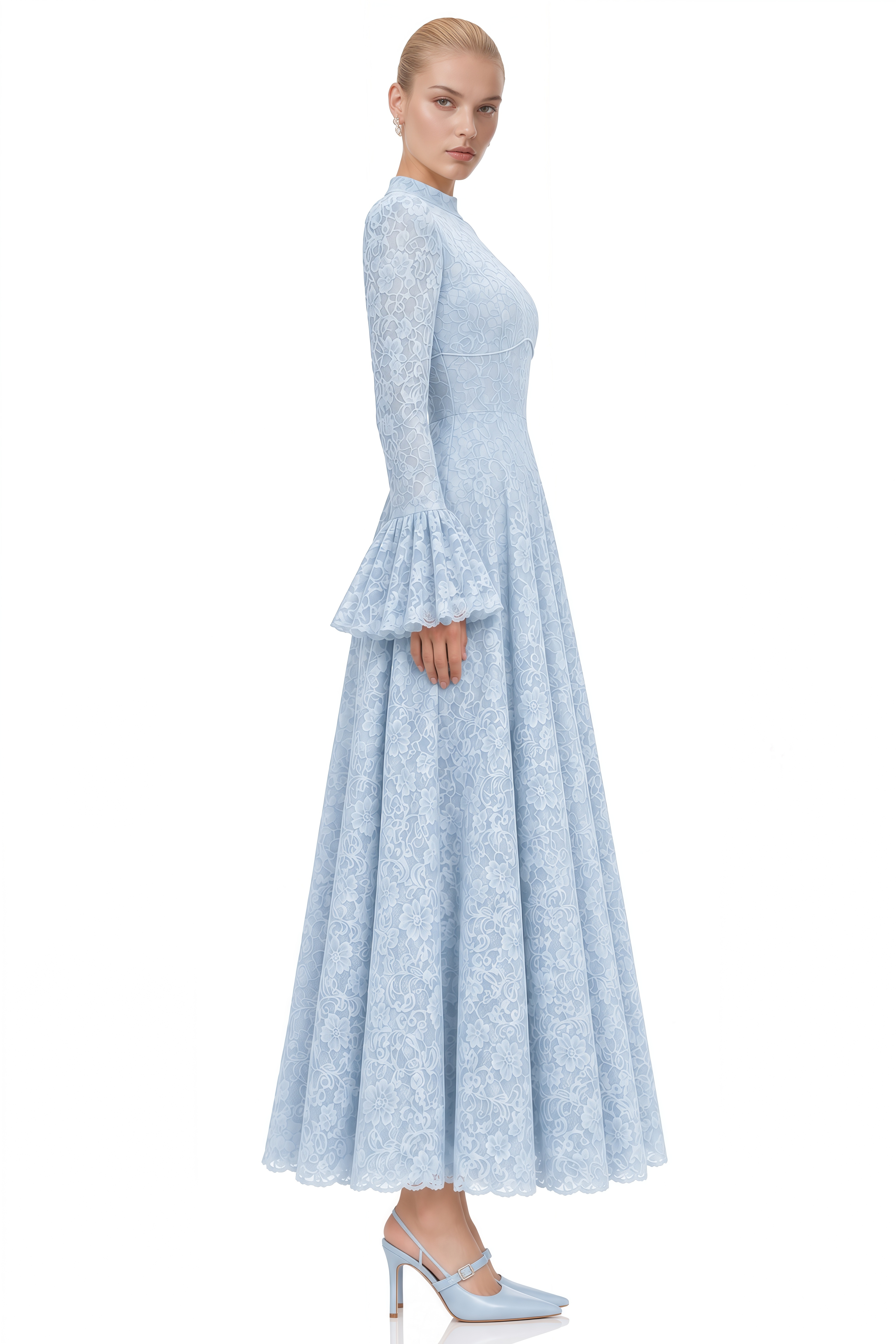 Lola Light Blue Turtleneck Floral Lace Maxi Dress
