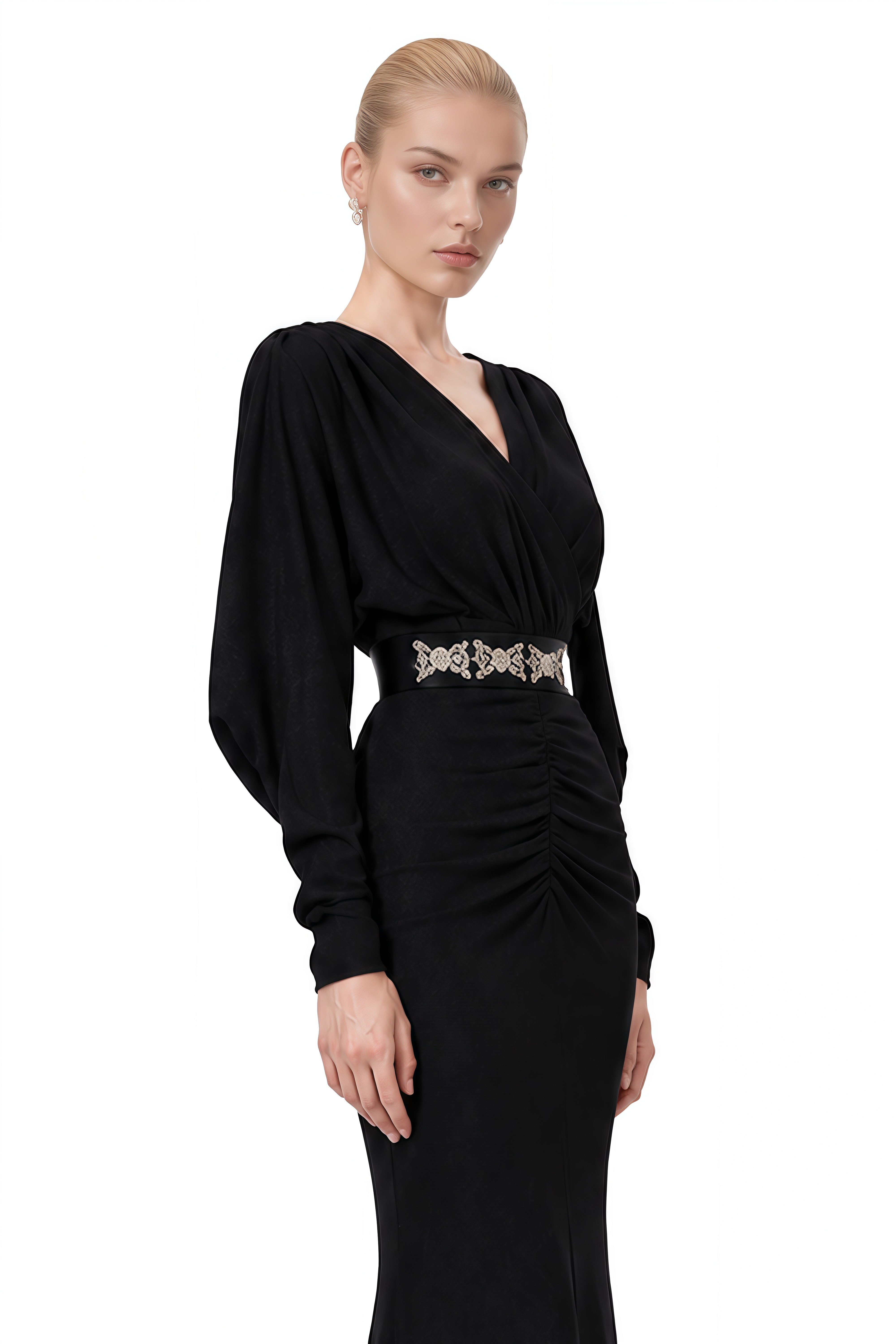 Genevieve Black Long Sleeves Ruched Maxi Dress