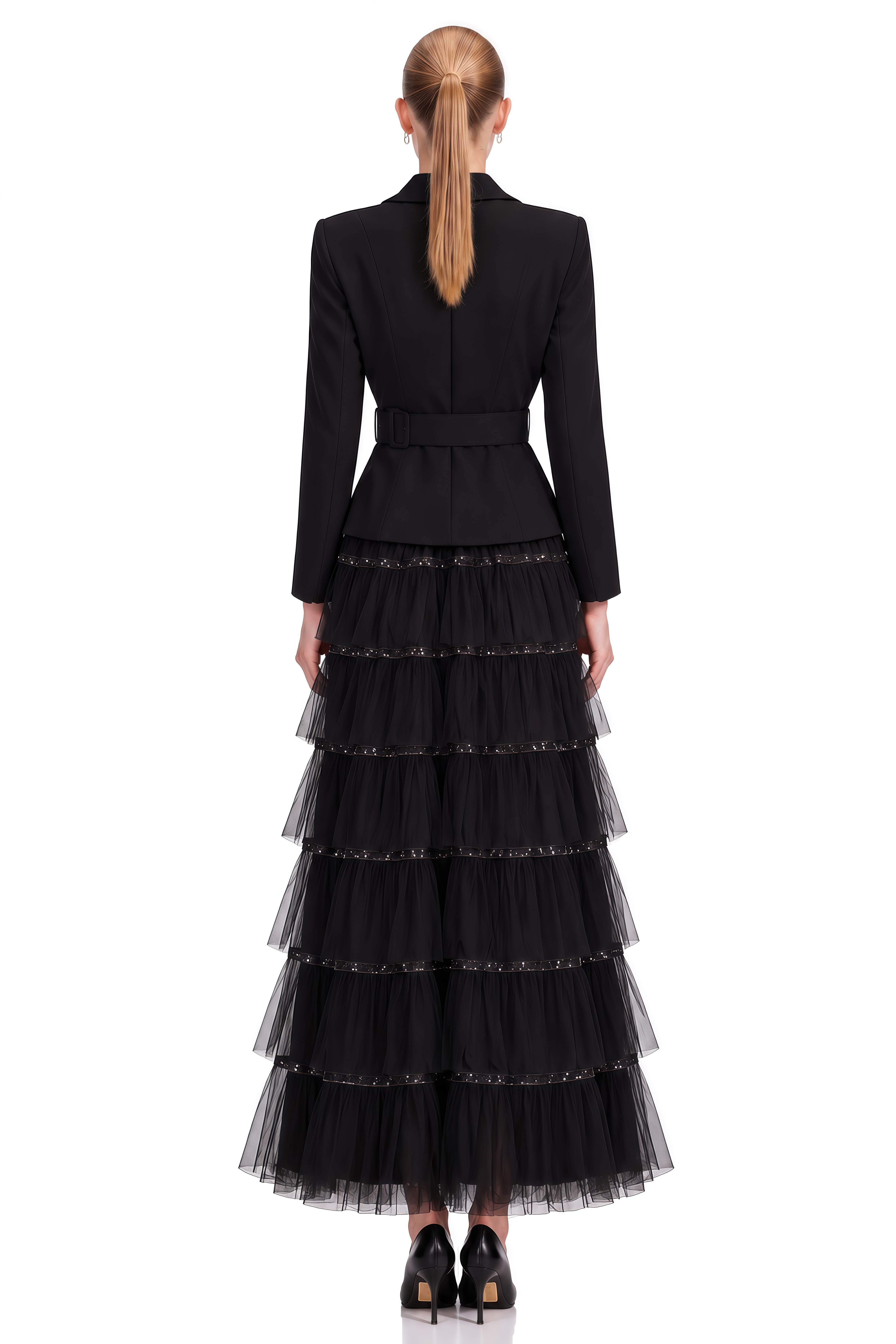 Delphine Black Sequin Belted Maxi Dress