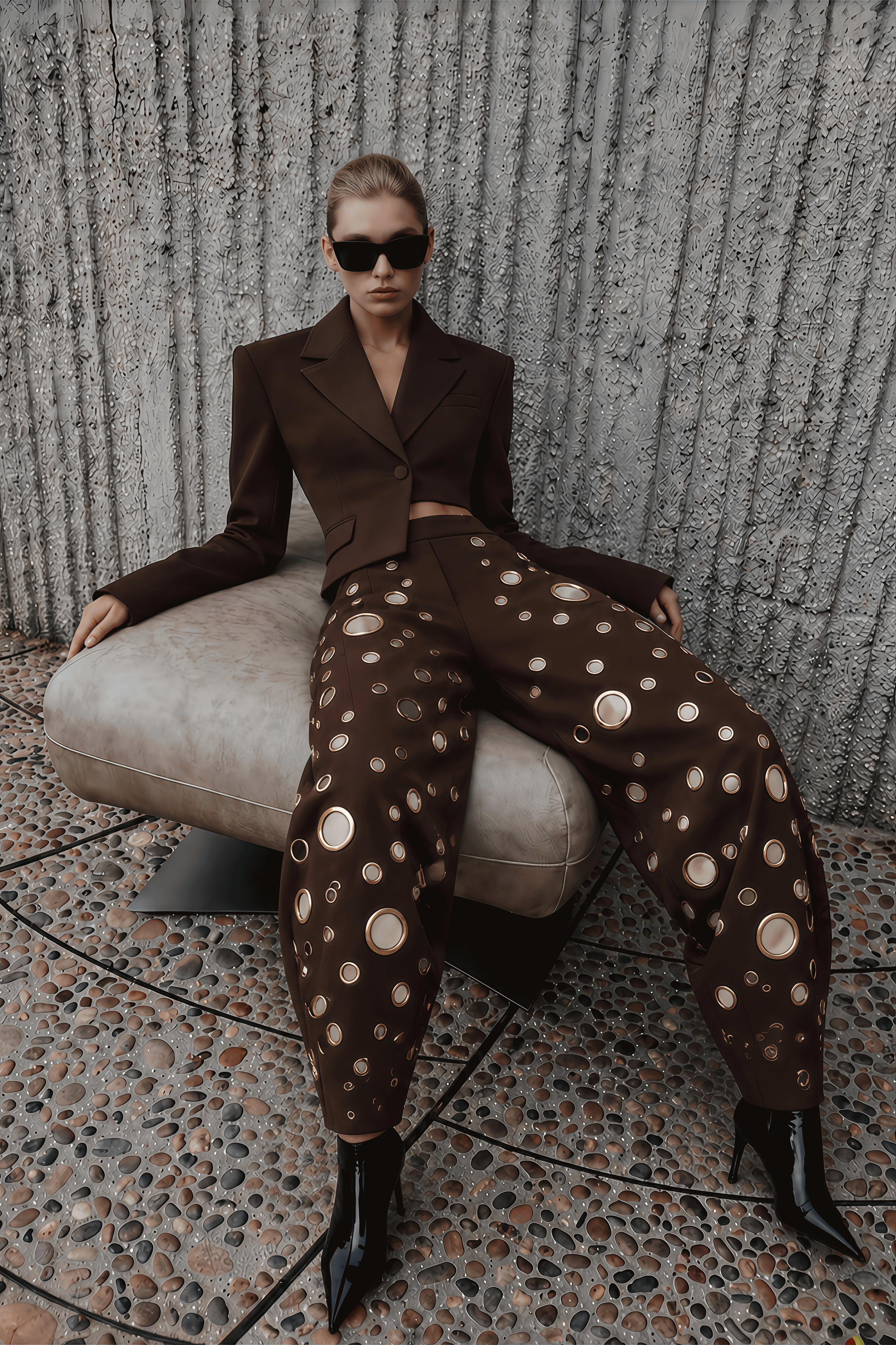 Jennifer Chocolate Brown Asymmetrical Blazer & Eyelet Balloon Trousers Set