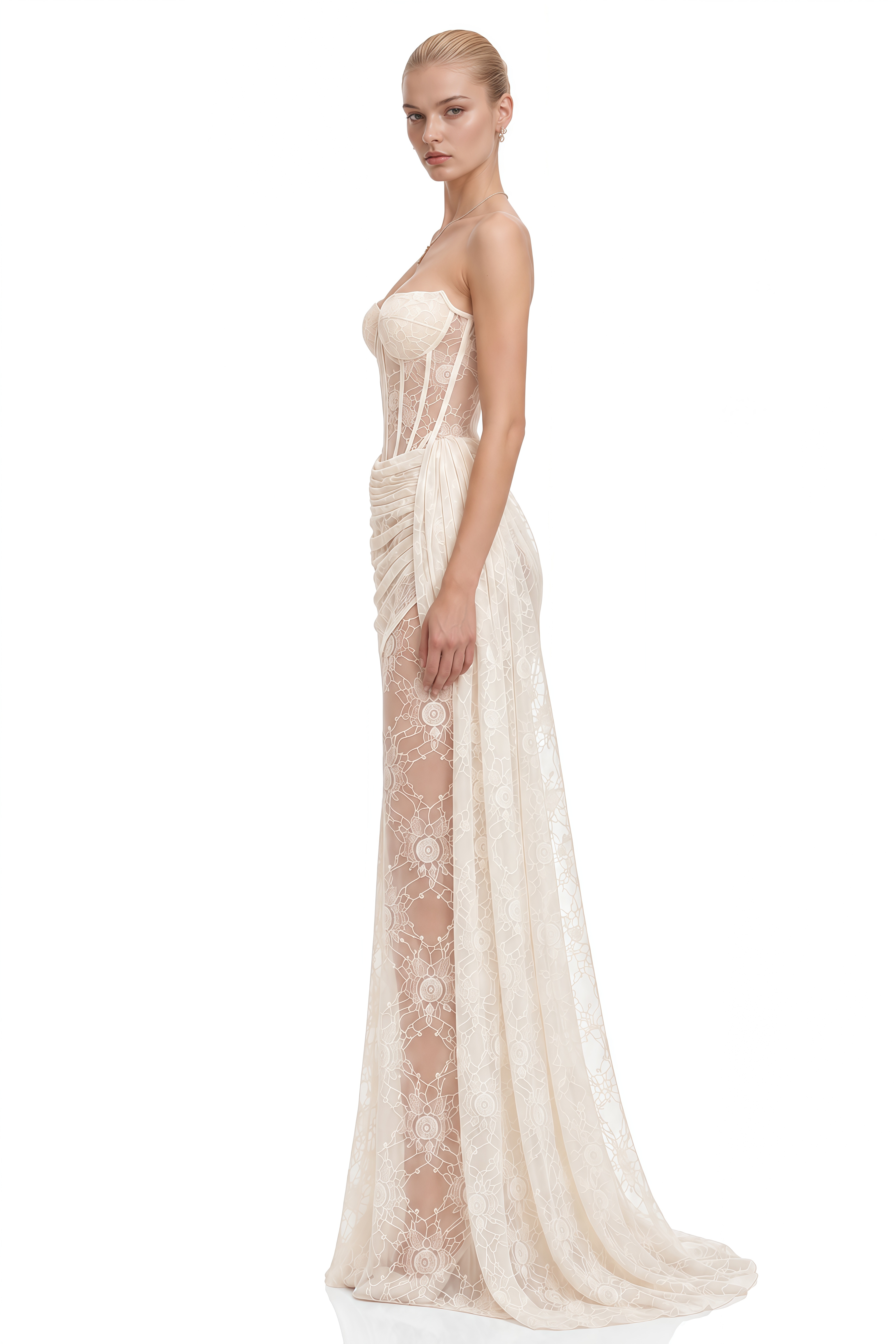 Elodie White Strapless Sheer-Lace Maxi Dress