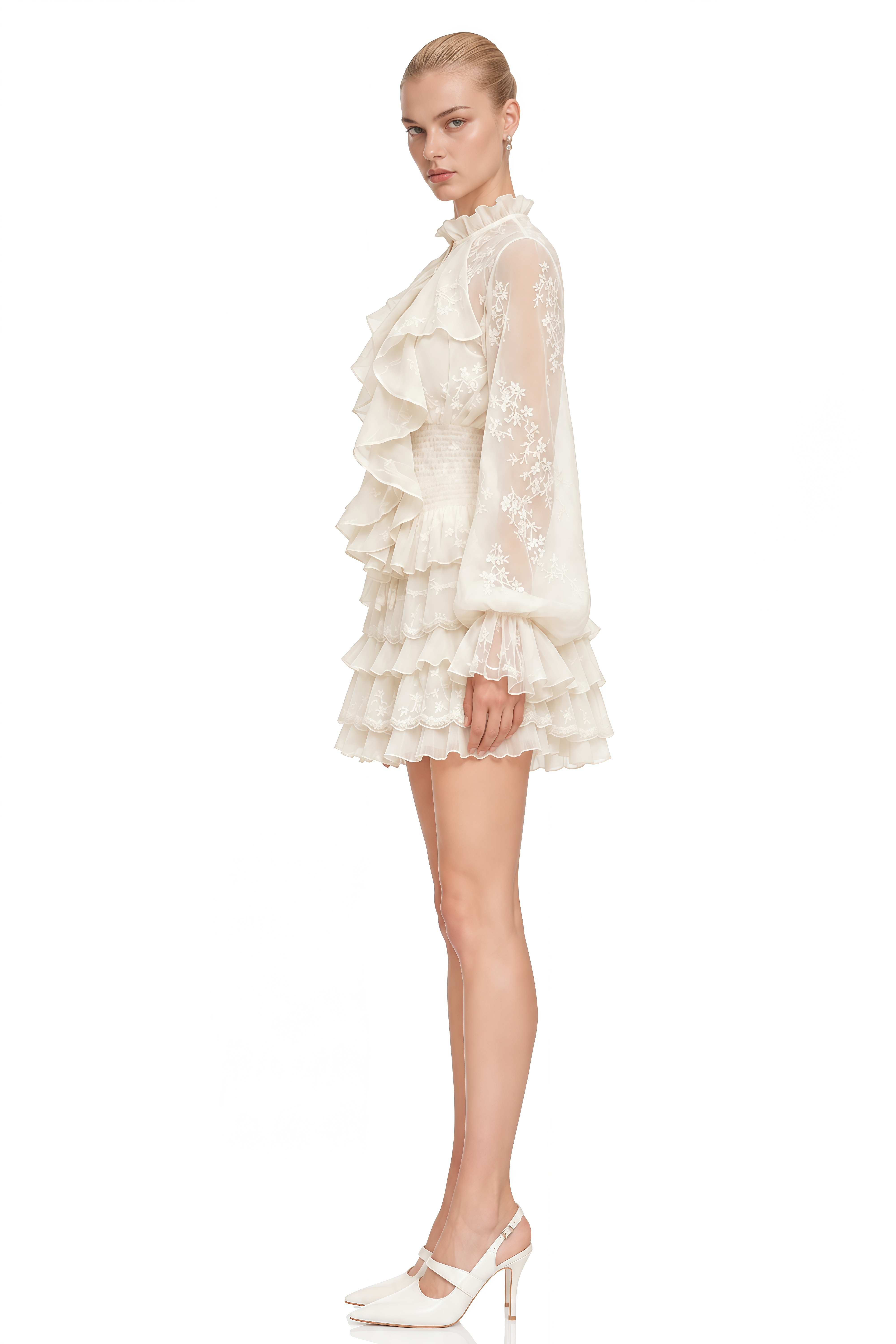 Audrey Neutral Long Sleeves Layered Ruffled Blouse & Skirt Set