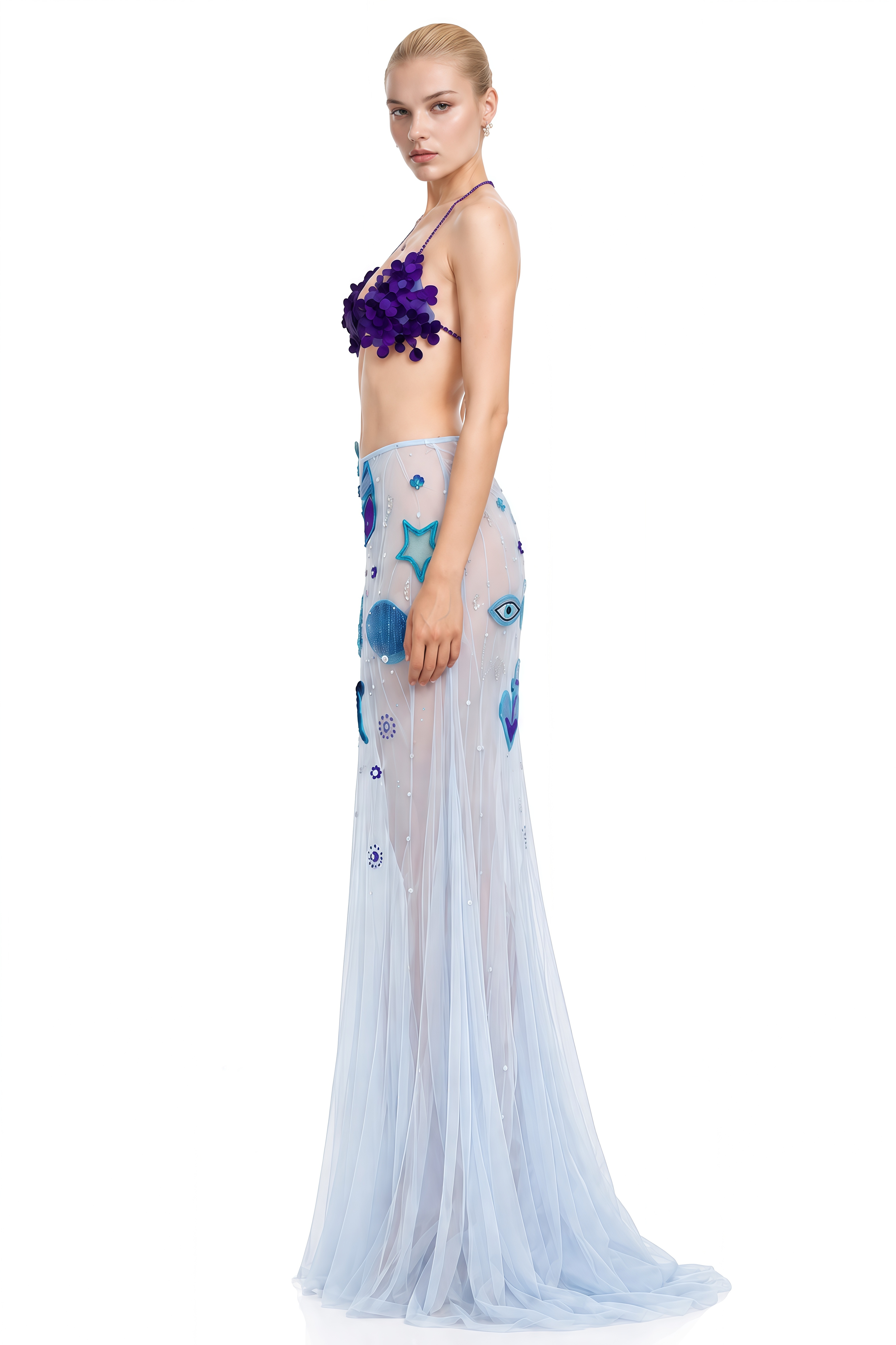 Elara Blue Sleeveless Embellished Top & Skirt Set