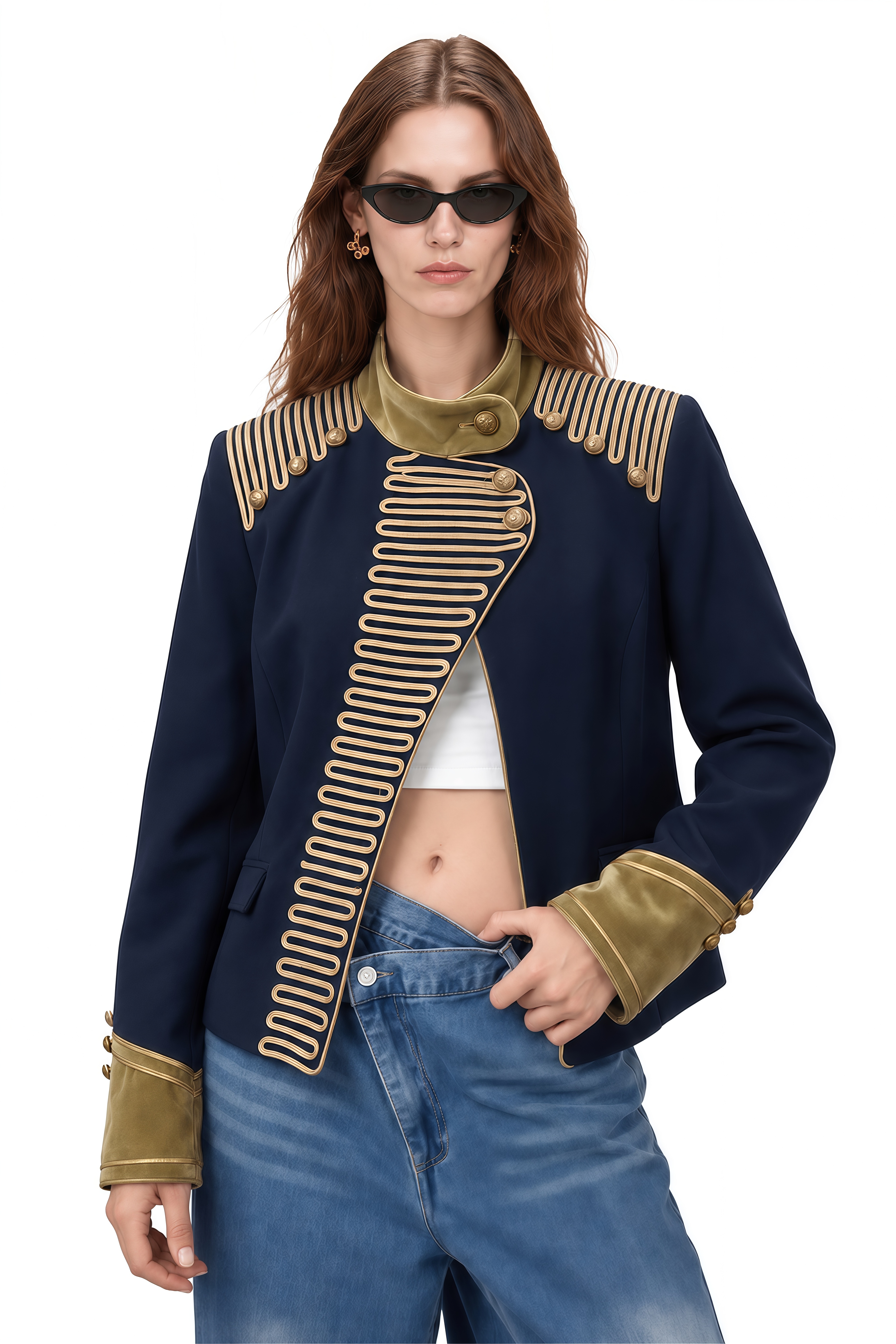 Aurelia Navy Long Sleeves Decorative Coat