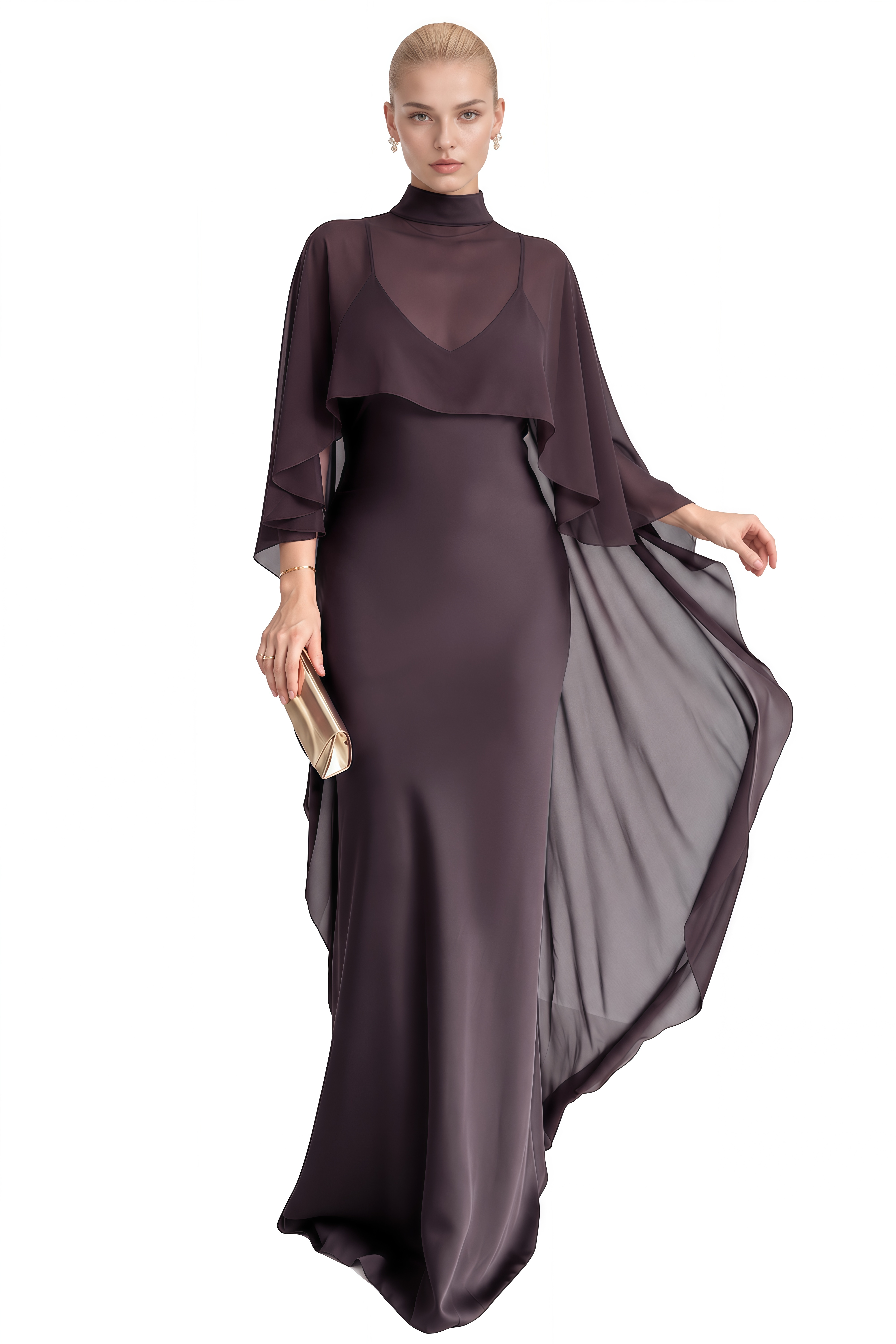 Miranda Chocolate Turtleneck Cape Maxi Dress