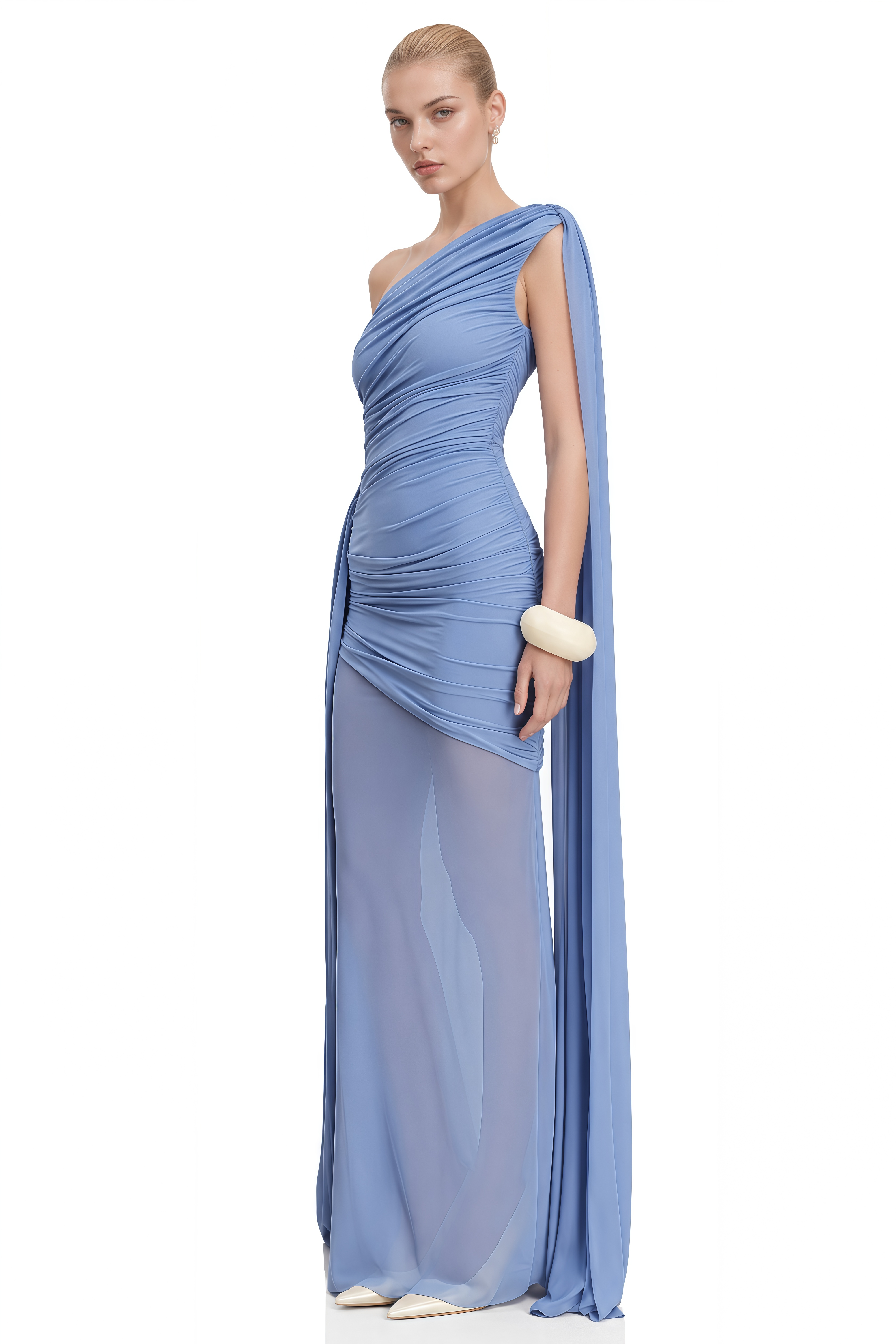 Anna Blue One-Shoulder Ruched Maxi Dress