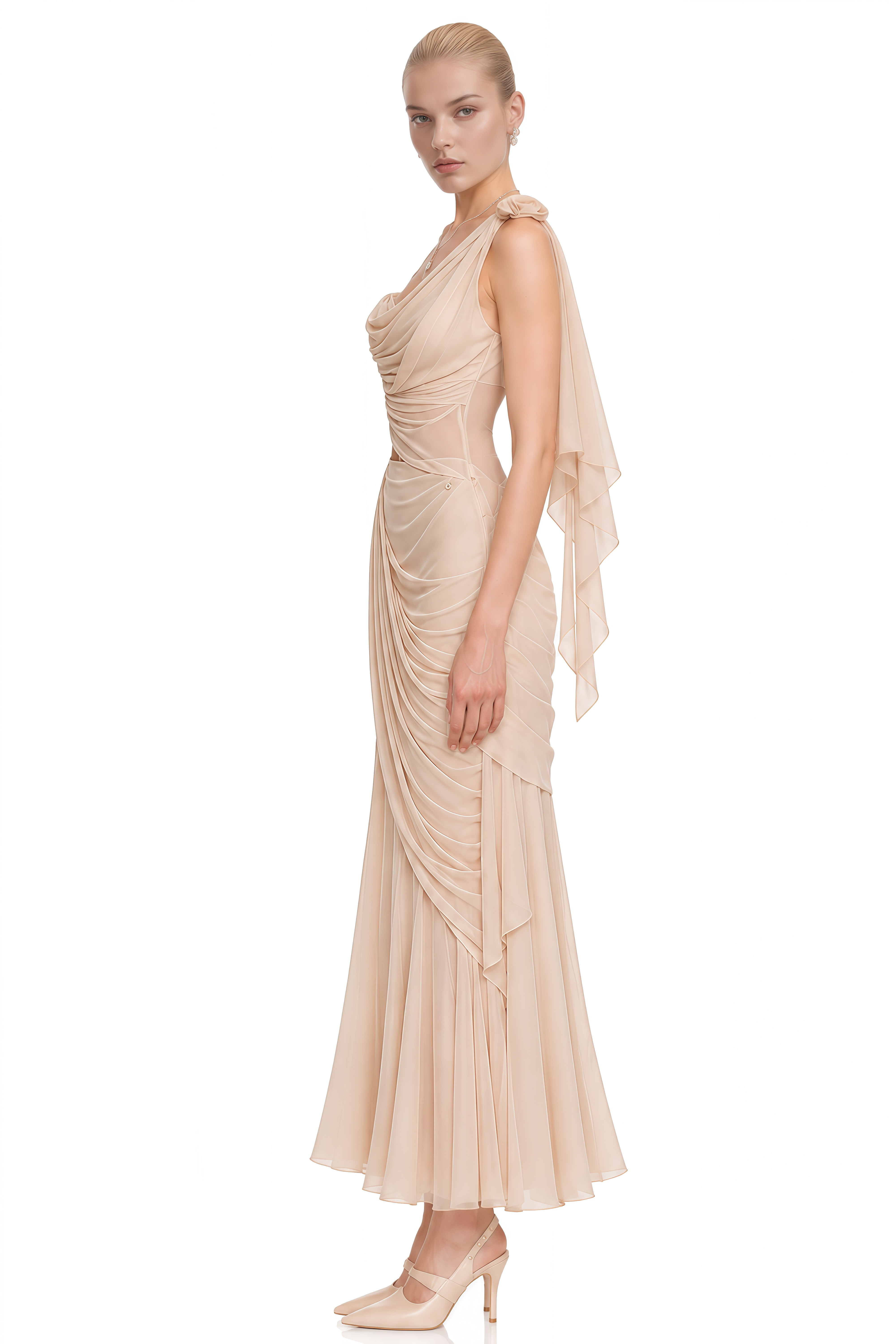 Ines Neutral Asymmetrical Draped Top & Skirt Set