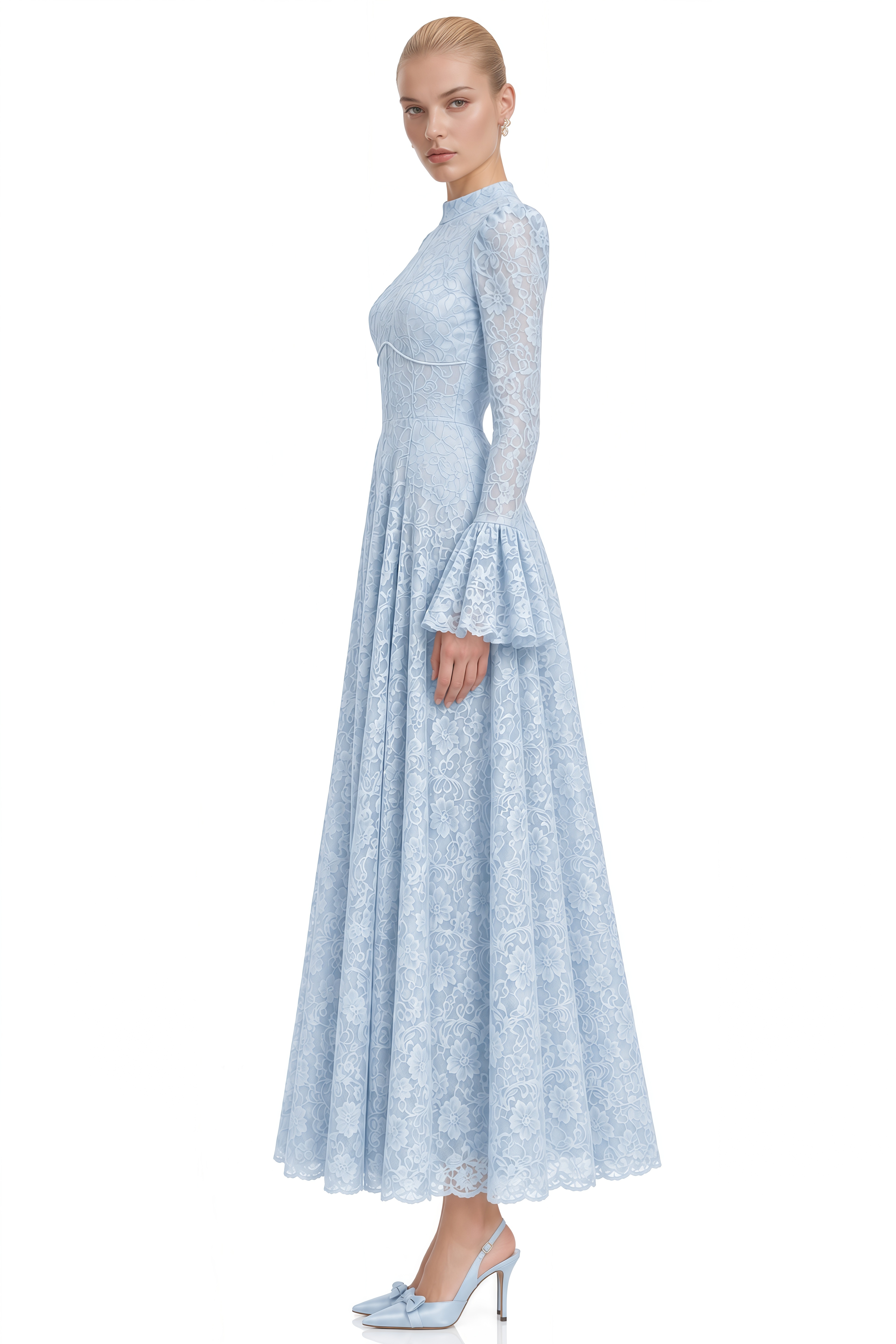 Lola Light Blue Turtleneck Floral Lace Maxi Dress